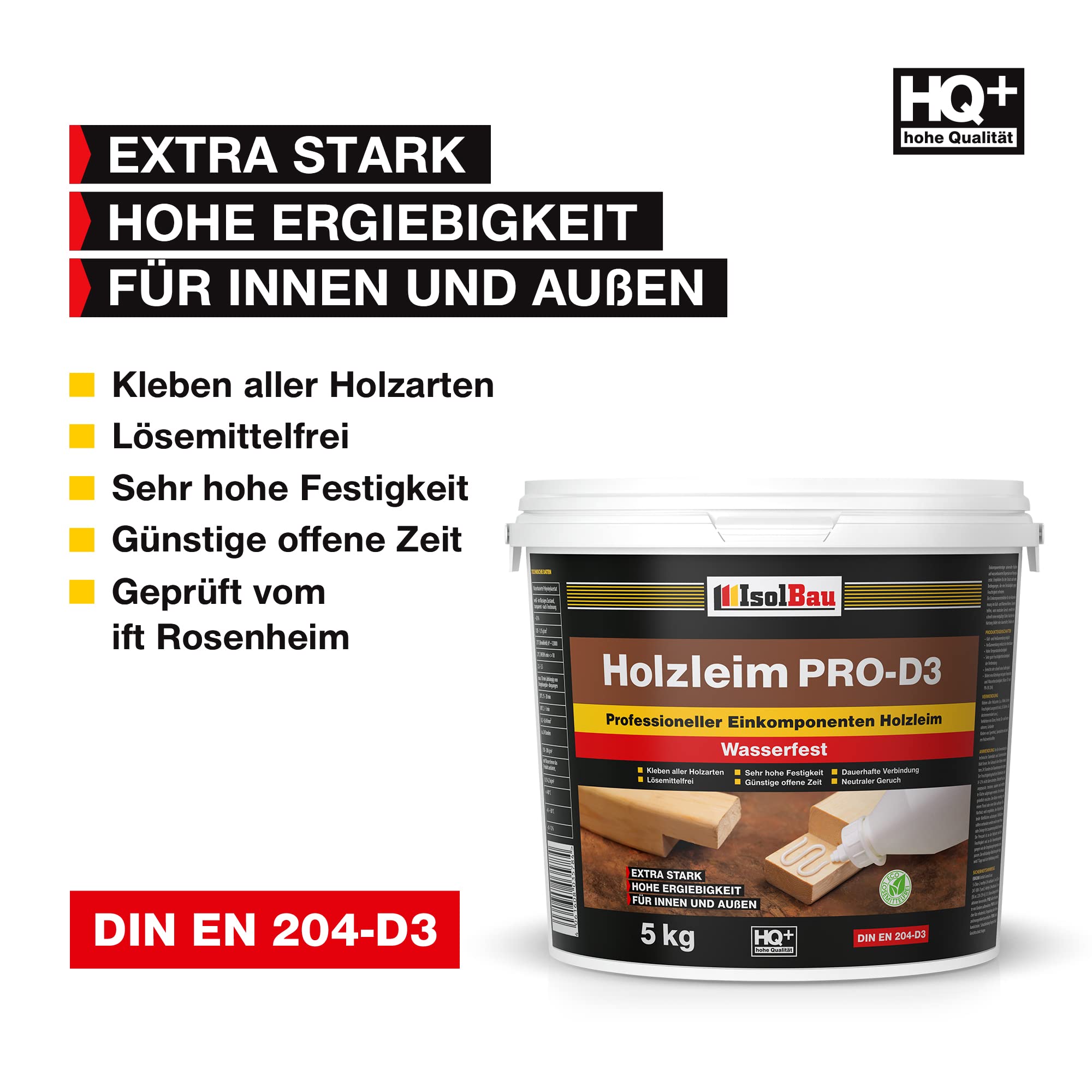 Isolbau Holzleim PRO-D3-5 kg Eimer Extra starker Holzkleber für alle Holzarten, für Innen & Außen, Wasserfest, Lösemittelfrei