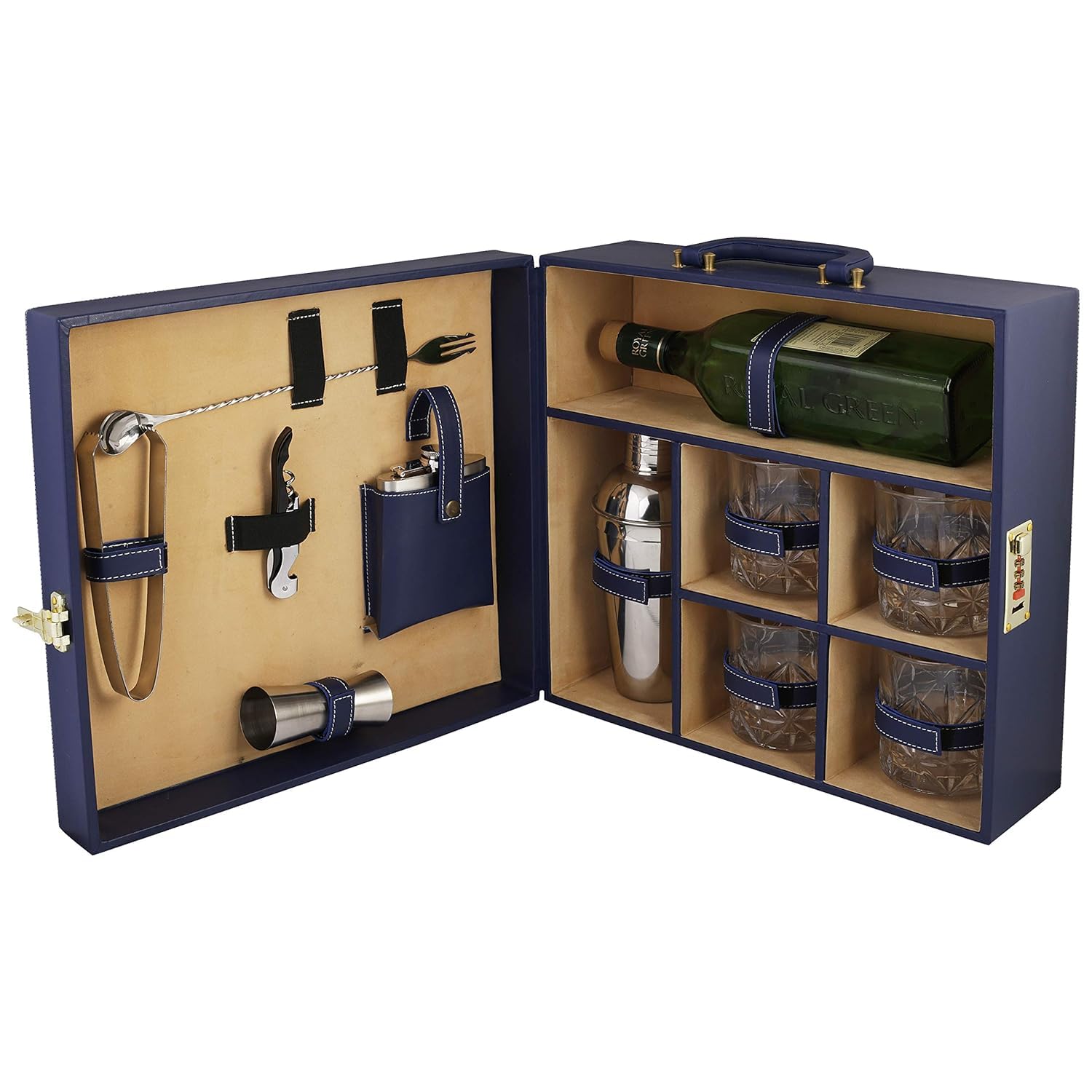 Kit d'outils de bar portable en similicuir avec étui à whisky raffiné et verres