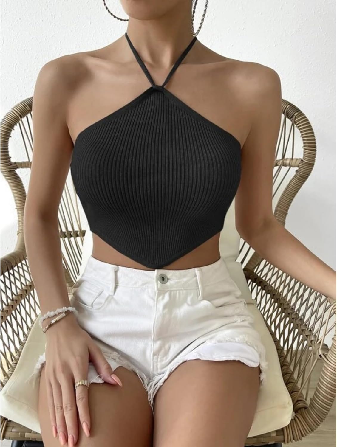 Knit Halter Tank Ribbed Crop Sleeveless Top Backless Stretch Fit Lightweight Summer Streetwear - Image 4