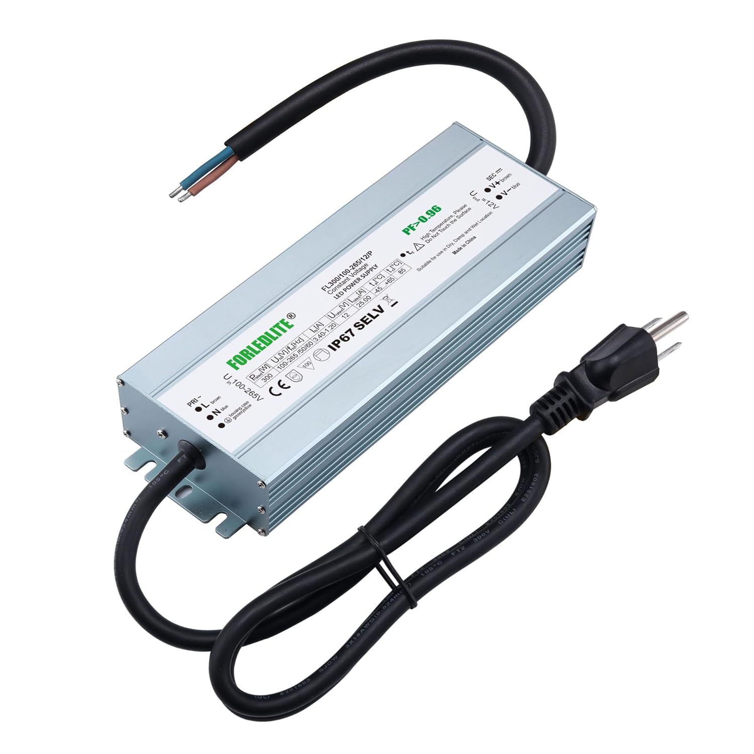 Wide Input 100~265V AC to DC 12V 300W Output IP67 Waterproof Constant Low Voltage LED Power Supply Transformer Driver with Preparation Input Plug for Outdoor Indoor LED Lights