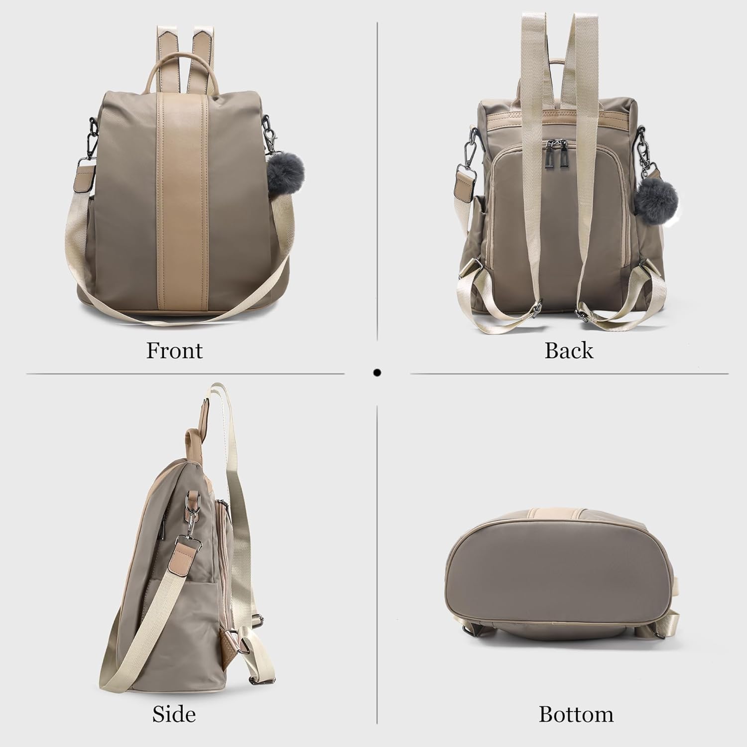 PINCNEL Women Khaki Medium Backpack Purse Waterproof Nylon Anti-theft Rucksack Lightweight Shoulder Bag