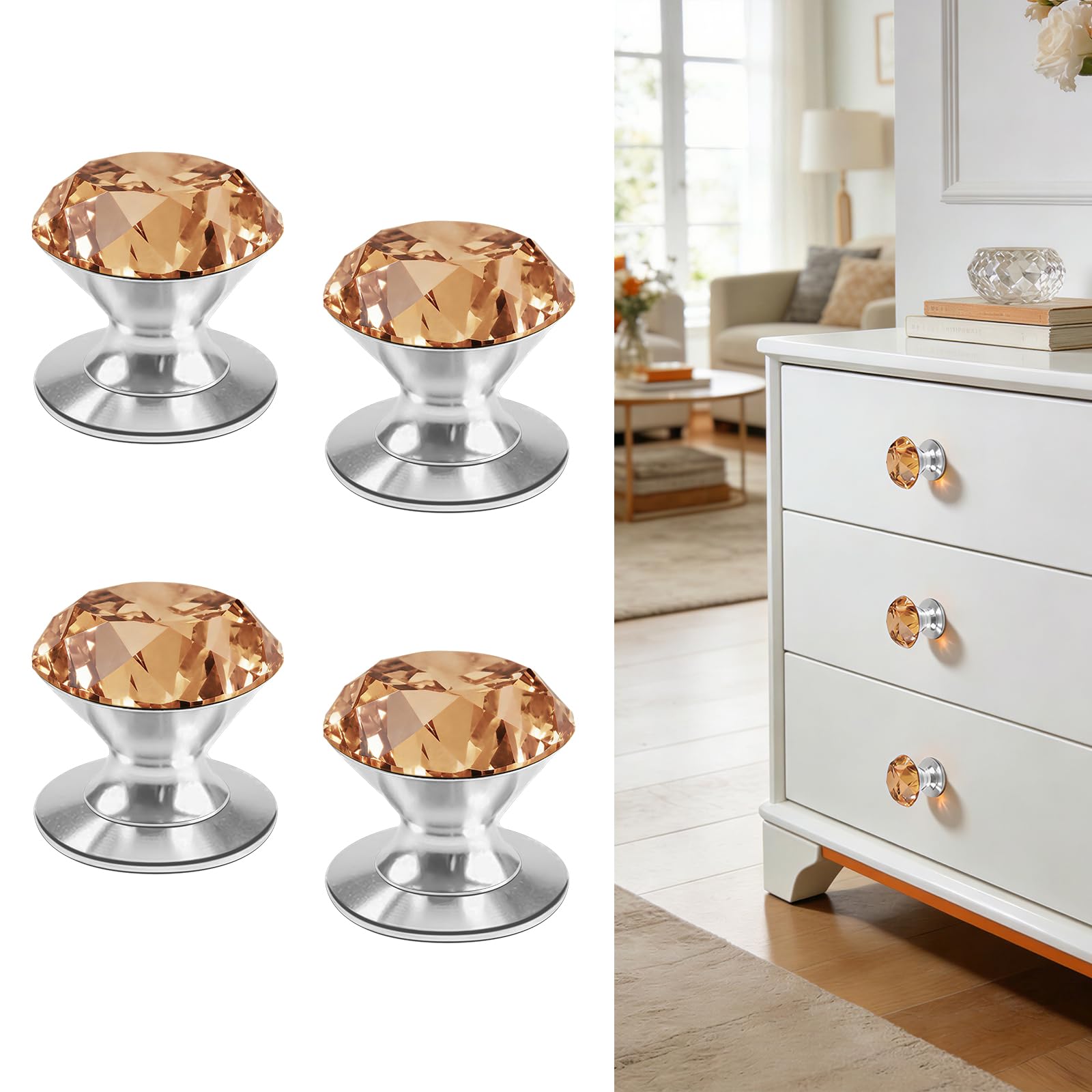 Elistonie 4 Pcs Crystal Self Adhesive Knobs Stick On Drawer Pulls Amber Crystal Knobs Drill Free Bling Peel and Stick Dresser Pulls for Mirror Cabinet Glass Medicine Cabinet Container Lid