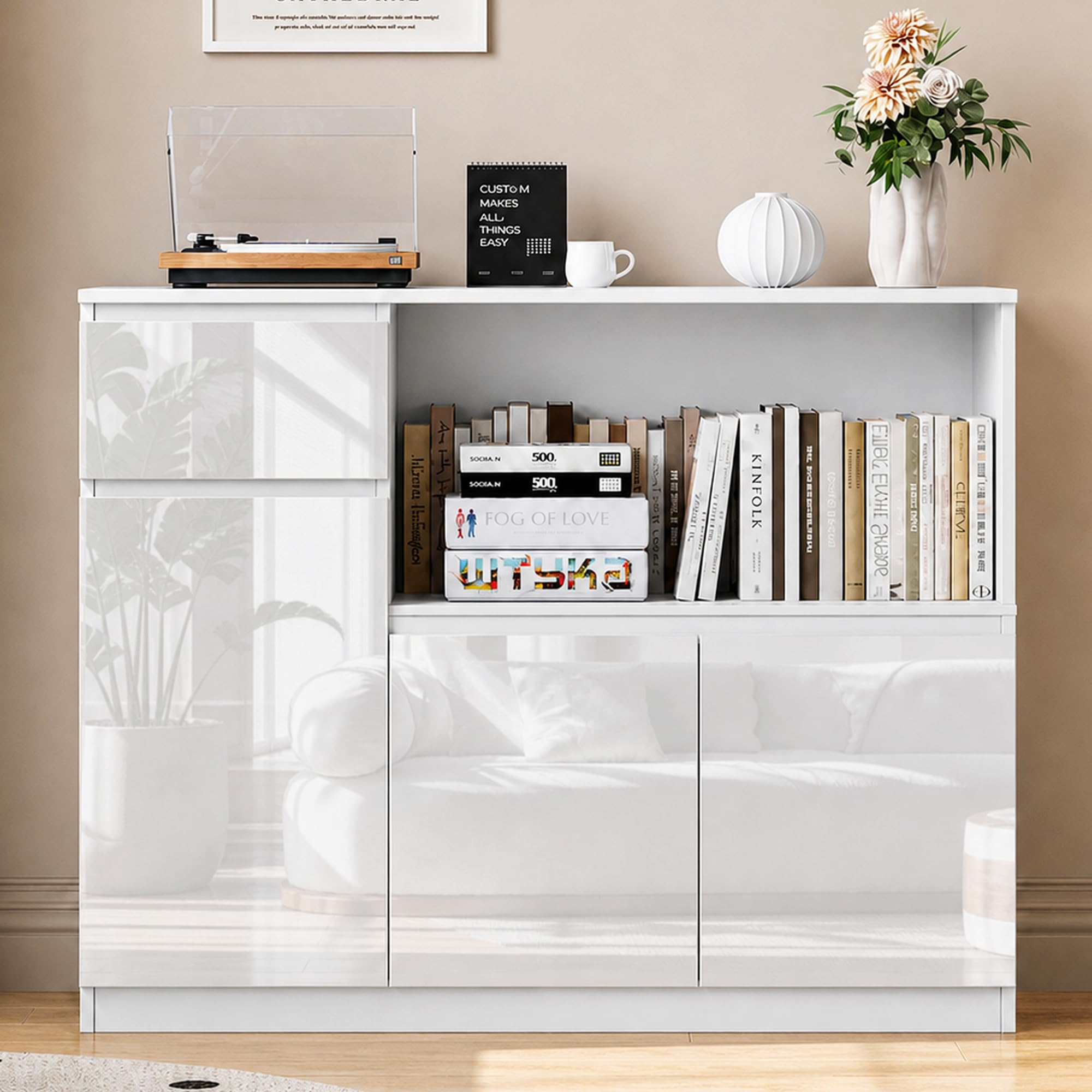 Küchenschrank mit Arbeitsplatte, Vielseitiger Großer Stauraum Sideboard, Buffetschrank, Aufbewahrungsschrank mit Hochglanztüren, verstellbarem Fach für Küche, Esszimmer und Wohnzimmer