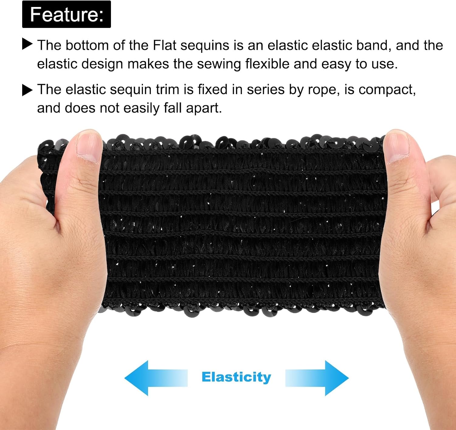 MECCANIXITY 11 Yards 3 Inch Elastic Sequins Trim 8 Row Flat Sequin Strip Paillette Sequins Fabric Ribbon for Crafts DIY Sequin Fringe Sewing, Black