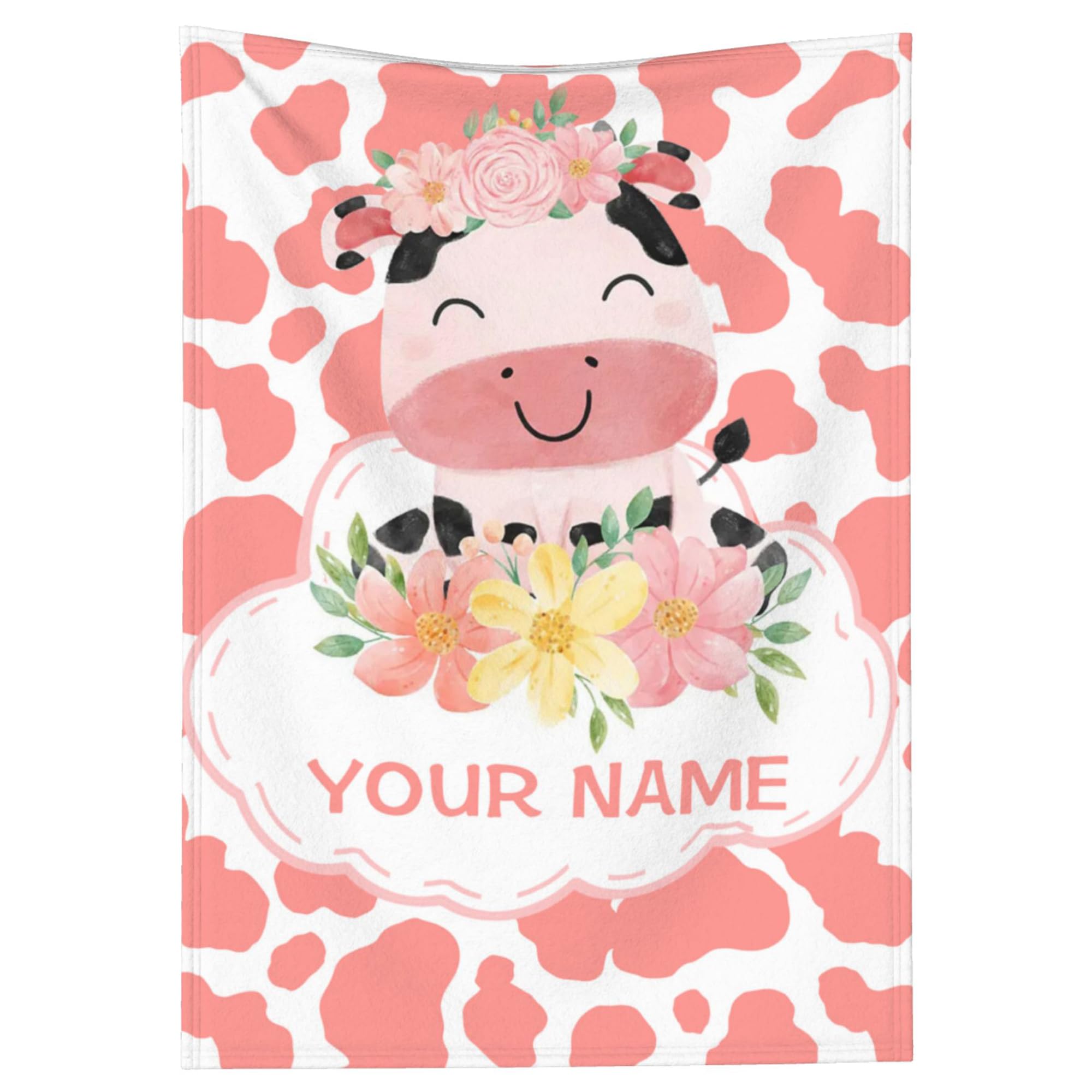 BLYIUKR Personalized Cow Print Blanket for Baby Kids with Name, Custom Cow Print Stuff Bedding Decor Sofa Cow Throw Blankets for Girls Boys Daughter Christmas Birthday Gifts