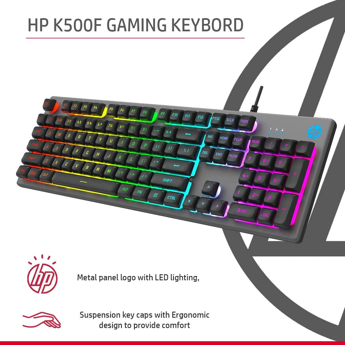 HP K500F Backlit Membrane Wired Gaming Keyboard with Mixed Color Lighting, Metal Panel with Logo Lighting, 26 Anti-Ghosting Keys,