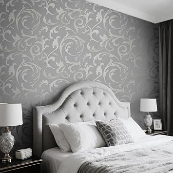 Silver Grey Wallpaper for Living Room Feature Damask Bedroom Wallpaper for Adults Retro Leaf Slight Glitter Kitchen Wallpapers for Hallway Dining Room