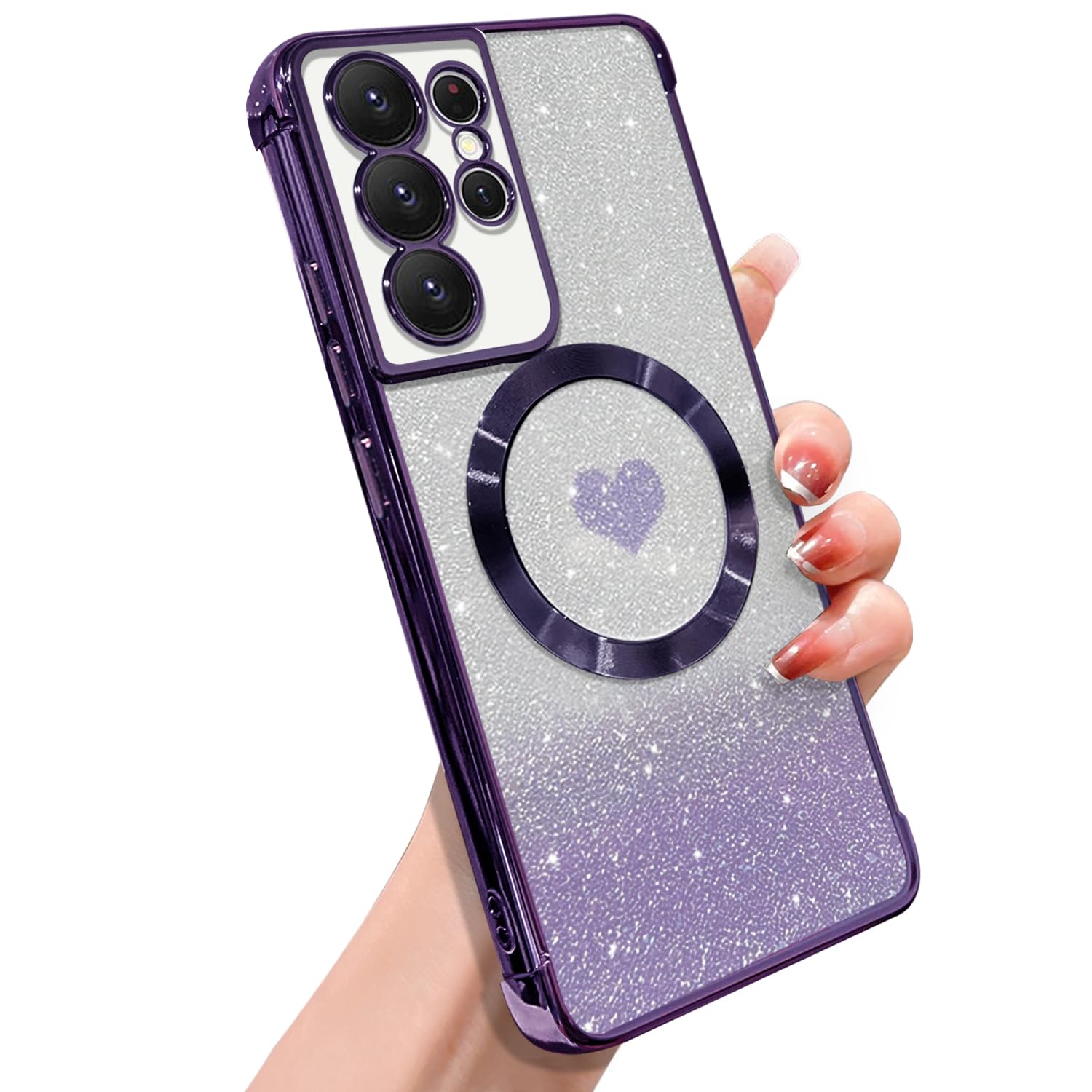 ZONRW for Samsung Galaxy S21 Ultra Case Magnetic,for Women Girl Soft Luxury Plating Bling Gradient Glitter Cute Heart Cover Compatible with MagSafe