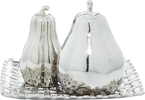 Miniatura 3 de Deco 79 Escultura decorativa de frutas de cerámica con plato juego de 4 12 pulgadas de ancho 1 pulgada de alto plata