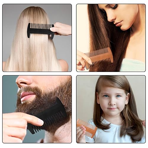Miniatura 7 de Kit de peine de madera para barba, dientes finos y gruesos de doble acción, color madera y peine de bolsillo negro para barbas, bigotes y cuidado