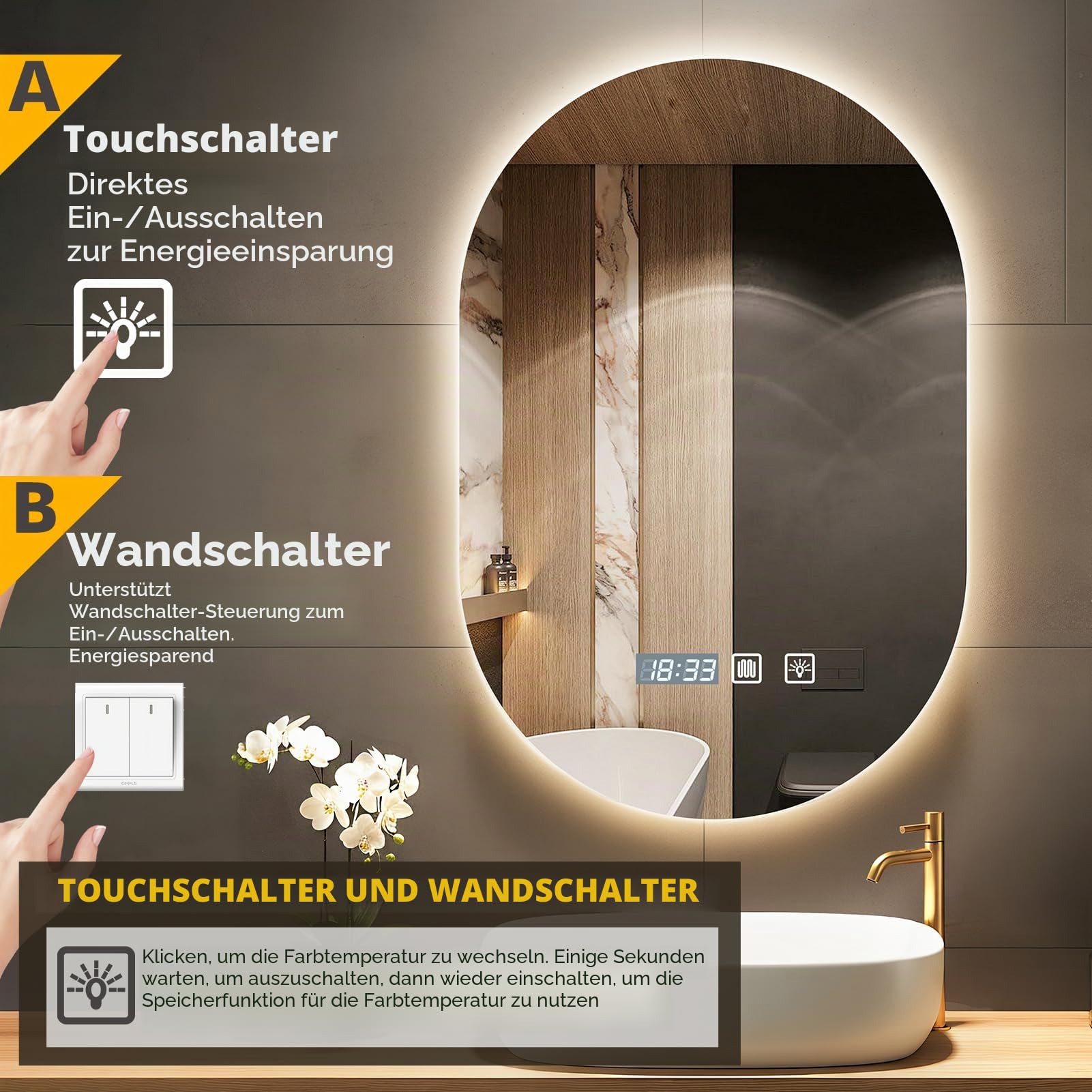 Badspiegel mit Beleuchtung,75x50cm Wandspiegel,LED Spiegel,3 Lichtfarbe Dimmbar,Kosmetikspiegel Schminkspiegel,Badezimmer-Wandspiegel,Antibeschlag,Touch-Schalter, IP44,Horizontal/vertikal