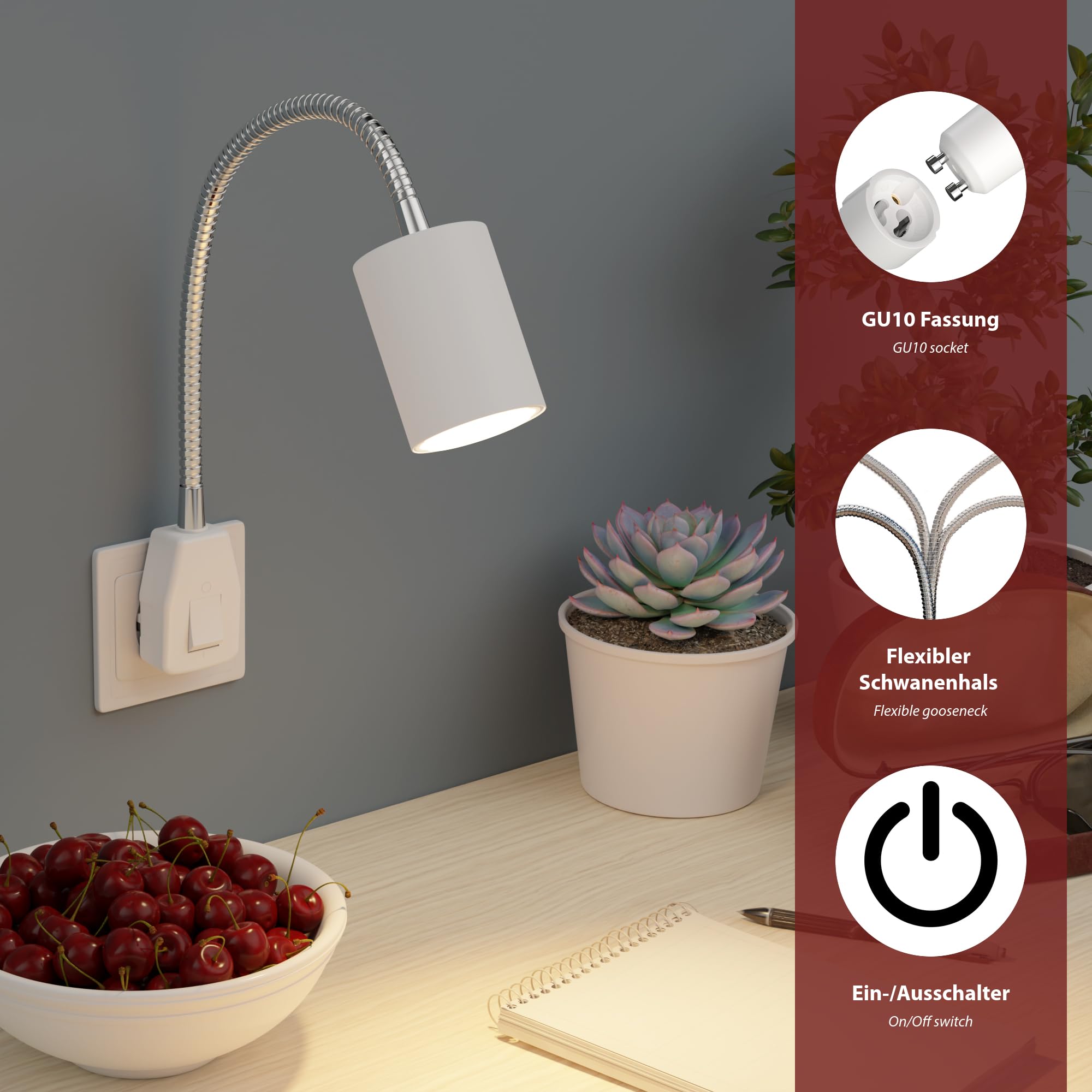 ledscom.de 2x lampe à prise/lampe de lecture WAIKA, col de cygne, interrupteur, blanc, 1x GU10 max. 60W