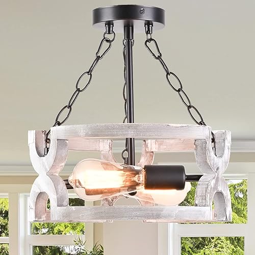 Miniatura 2 de DarkHome Lámpara de techo de montaje semirempotrado, lámpara de araña rústica vintage de madera negra mate de metal, 2 luces E26 para pasillo,