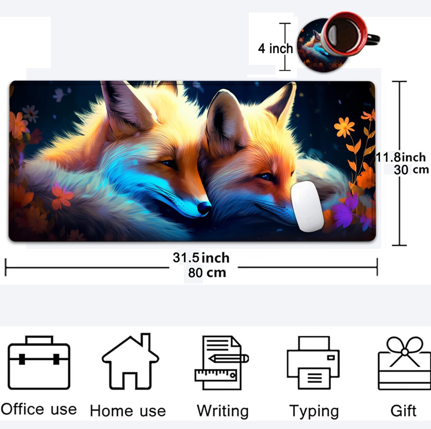 Large Mouse Pad, 31.5 x 11.8in Extended Gaming Mouse Pad with Stitched Edges, XXL Mousepad Protector Non Slip Rubber Base for Office and Home Writing Mat, Cute Fox Cubs Pattern Black Desk Mat image 5