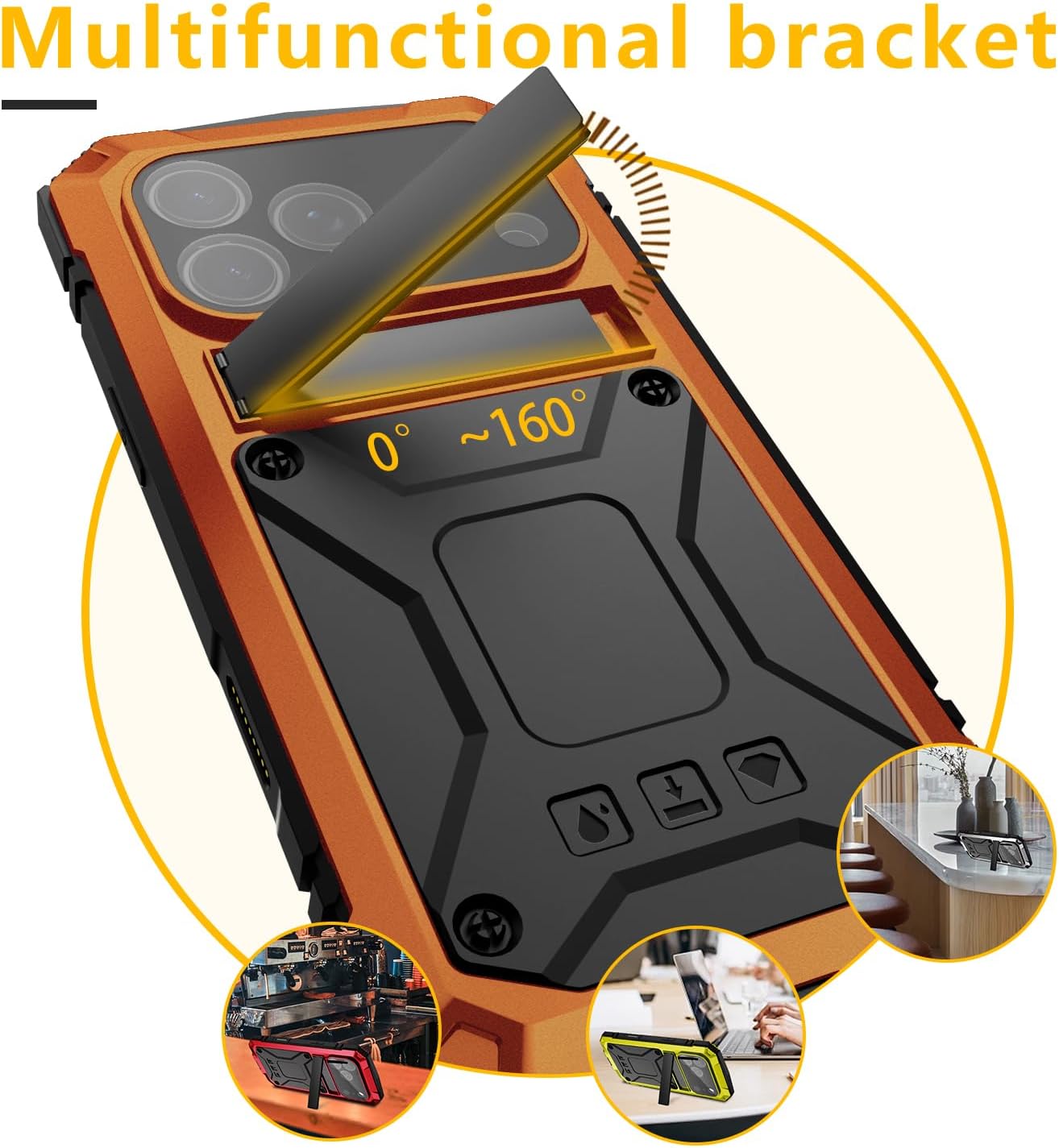iPhone 17 Pro Metal Case, Military Grade Heavy Duty Aluminum Rugged Cover with Built-in Screen Protector Stand Camera Control Shockproof Dustproof Full Body Protection for Men/Women (Orange)