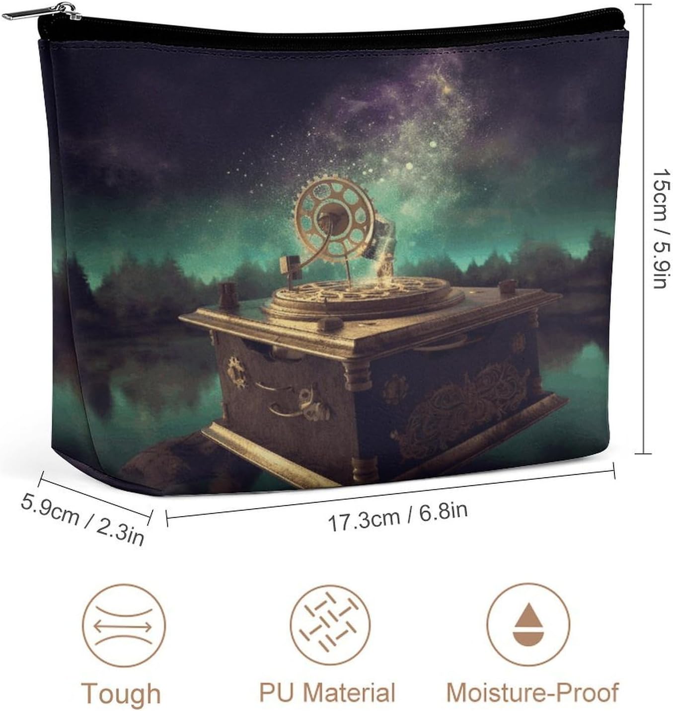 Cosmetic Bag for Women Dream Music Box Print Makeup Bag PU Leather Makeup Pouch Aesthetic Travel Toiletry Bags Portable Compact Makeup Zipper Pouch for Daily Essentials image 2