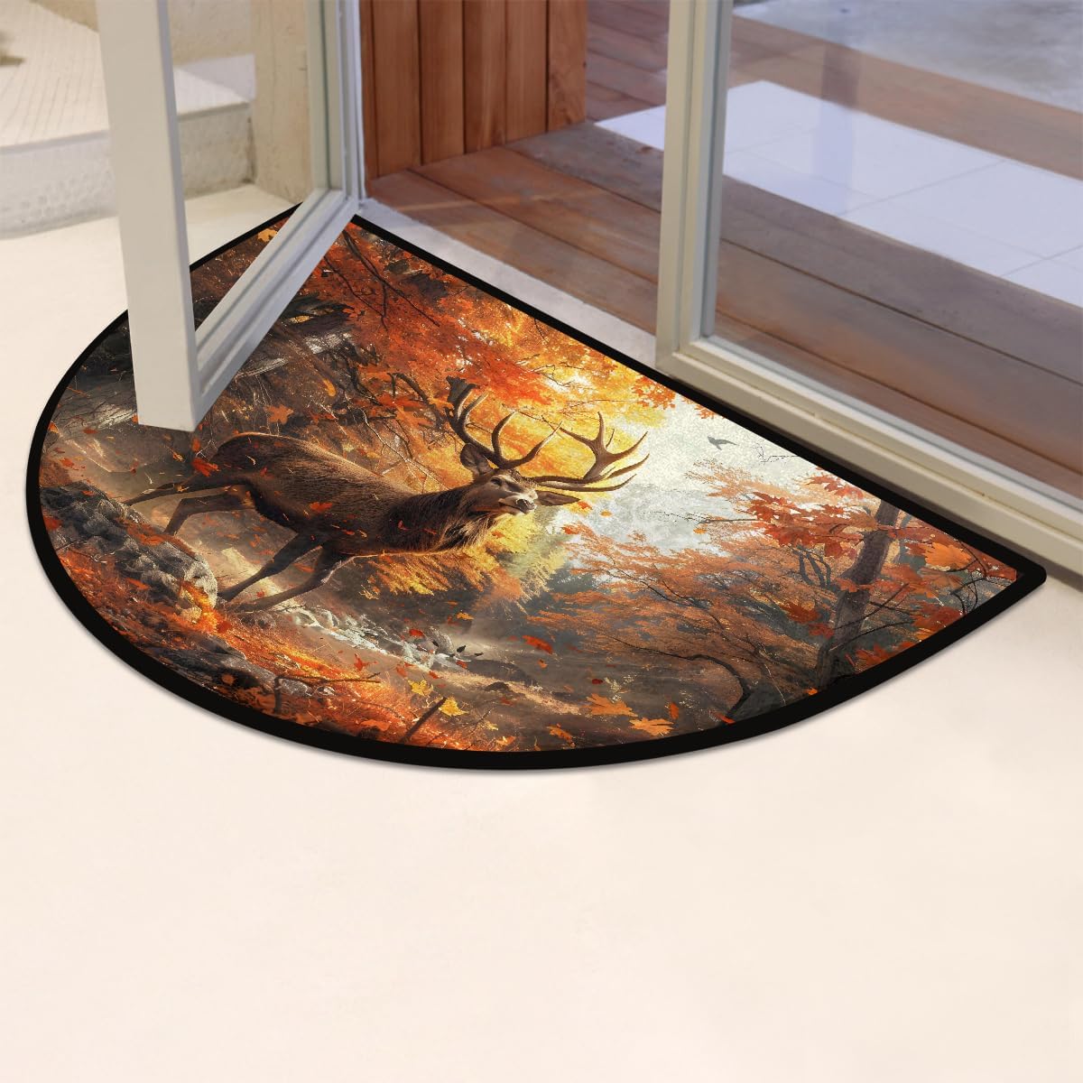 Half Round Door Mat Deer Fall Forest Non Slip Absorbent Semi Circle Area Rugs Washable Half Moon Floor Mats for Indoor Outdoor Patio Kitchen Bathroom Entryway Fireplace Home Carpet Decor