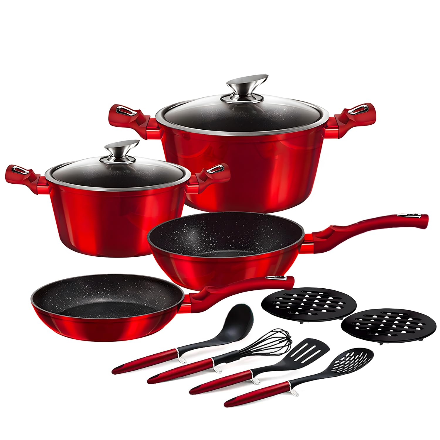 Wintem Set 12 Pentole e Padelle Rosse Antiaderenti in Alluminio con 4 Utensili da Cucina e Comodi Coperchi in Vetro Temperato - Compatibile con Tutti i Piani Cottura Come a Gas, Induzione ed Elettico