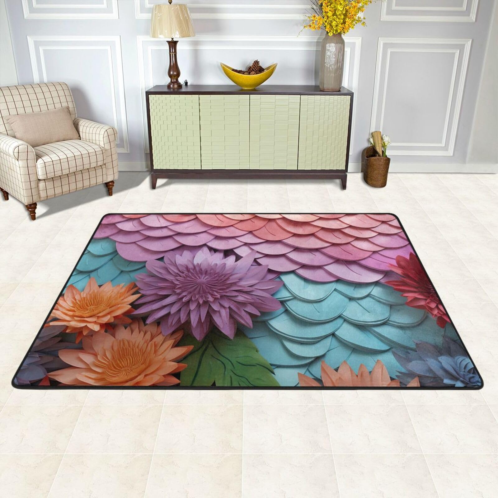 Tapis de sol absorbant 91x61 cm lavable motif écailles colorées et fleurs