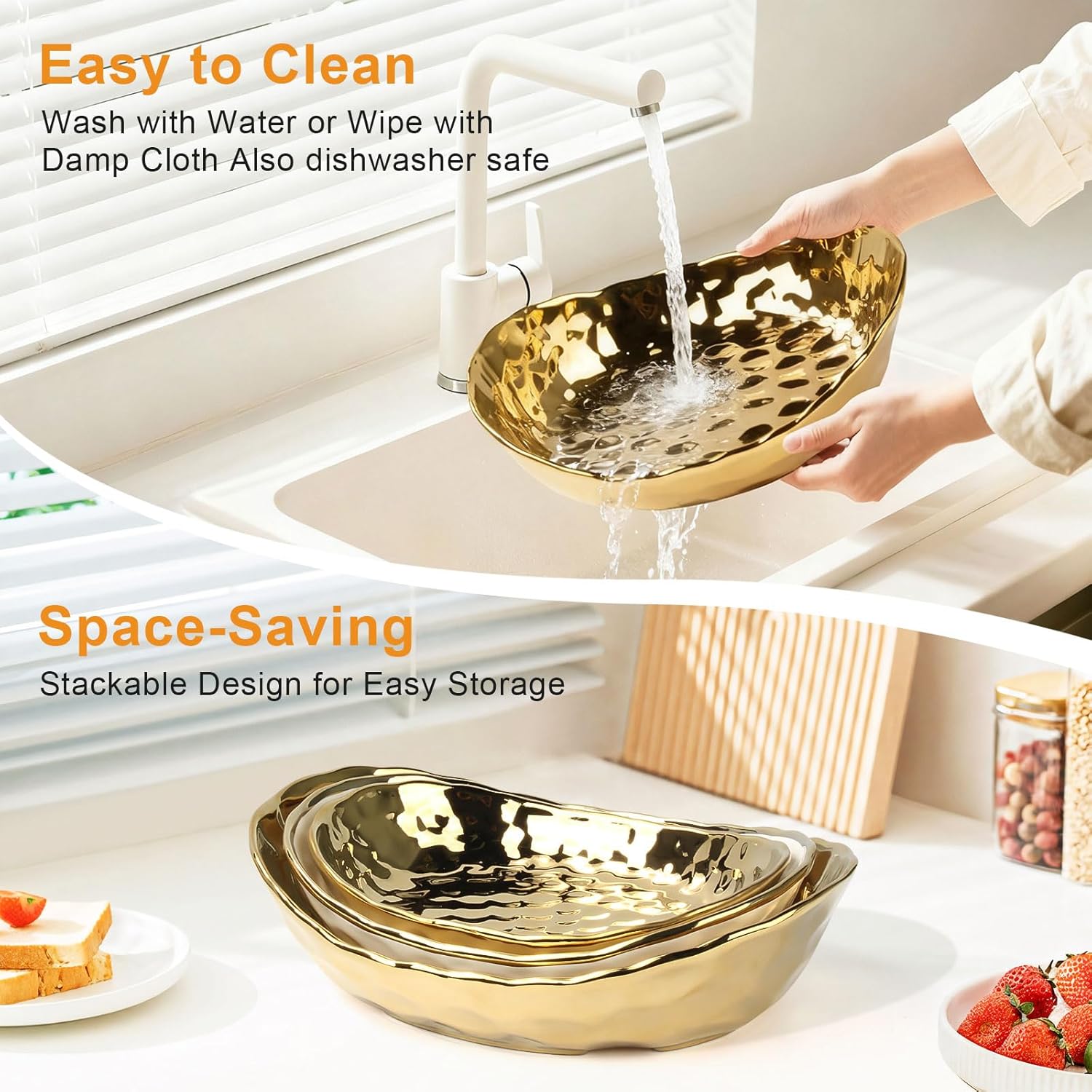 Fruit Bowl for Kitchen Counter with Metal Stand, 3 Tier Fruit Basket for Counter, White Gold Ceramic Fruit Bowl, Detachable Rack for Fruit Vegetable Snack Dessert Storage (Gold)