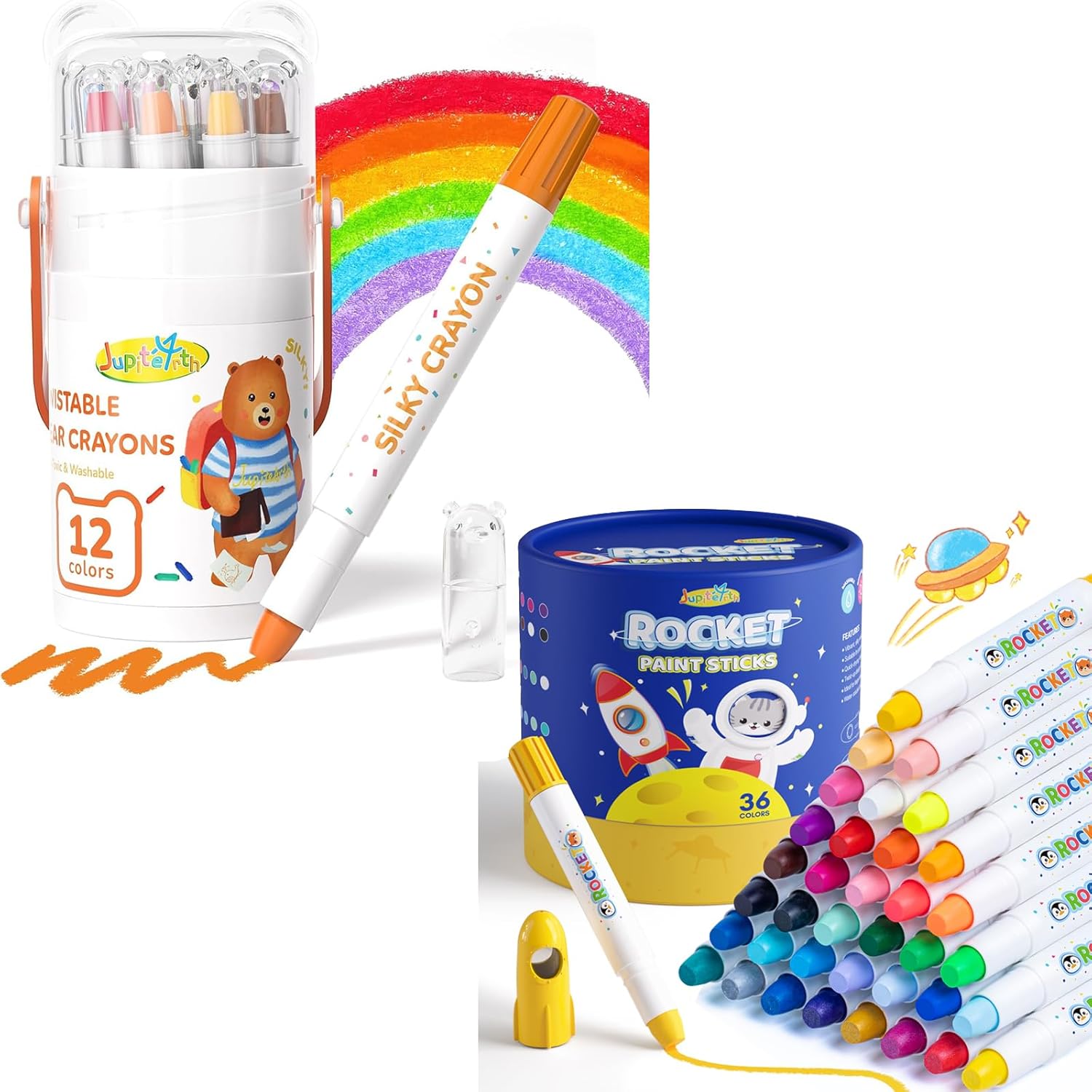 JUPITEARTH 12 Color Twist Crayons for Toddlers 1-3 and Kids 4-8 + 36 Colors Washable Rocket Tempera Paint Sticks for Kids