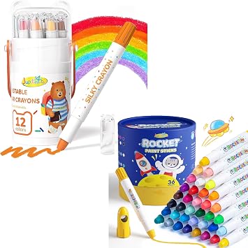 JUPITEARTH 12 Color Twist Crayons for Toddlers 1-3 and Kids 4-8 + 36 Colors Washable Rocket Tempera Paint Sticks for Kids