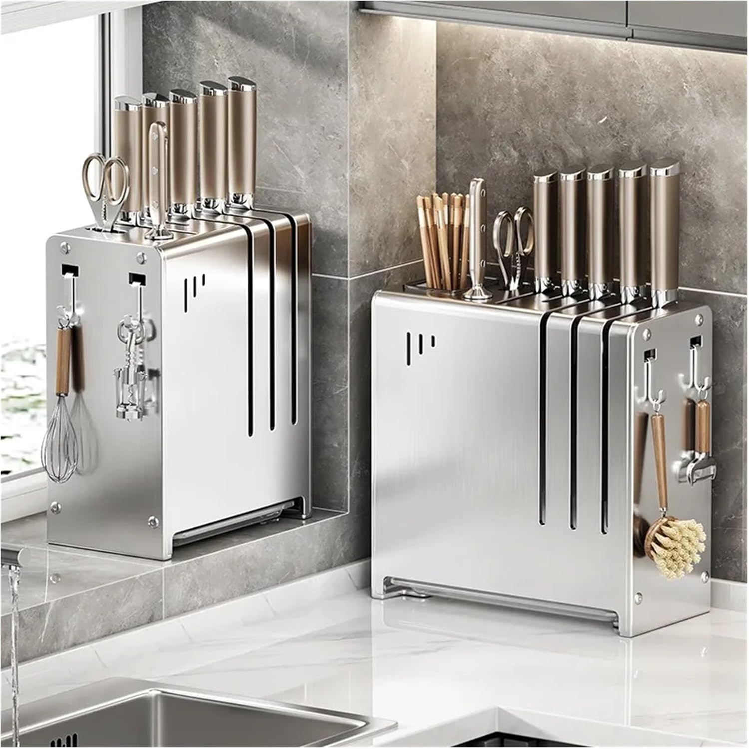 Knife Rack Stainless Steel Kitchen Storage Wall-mounted Multifunctional Household(Blue)