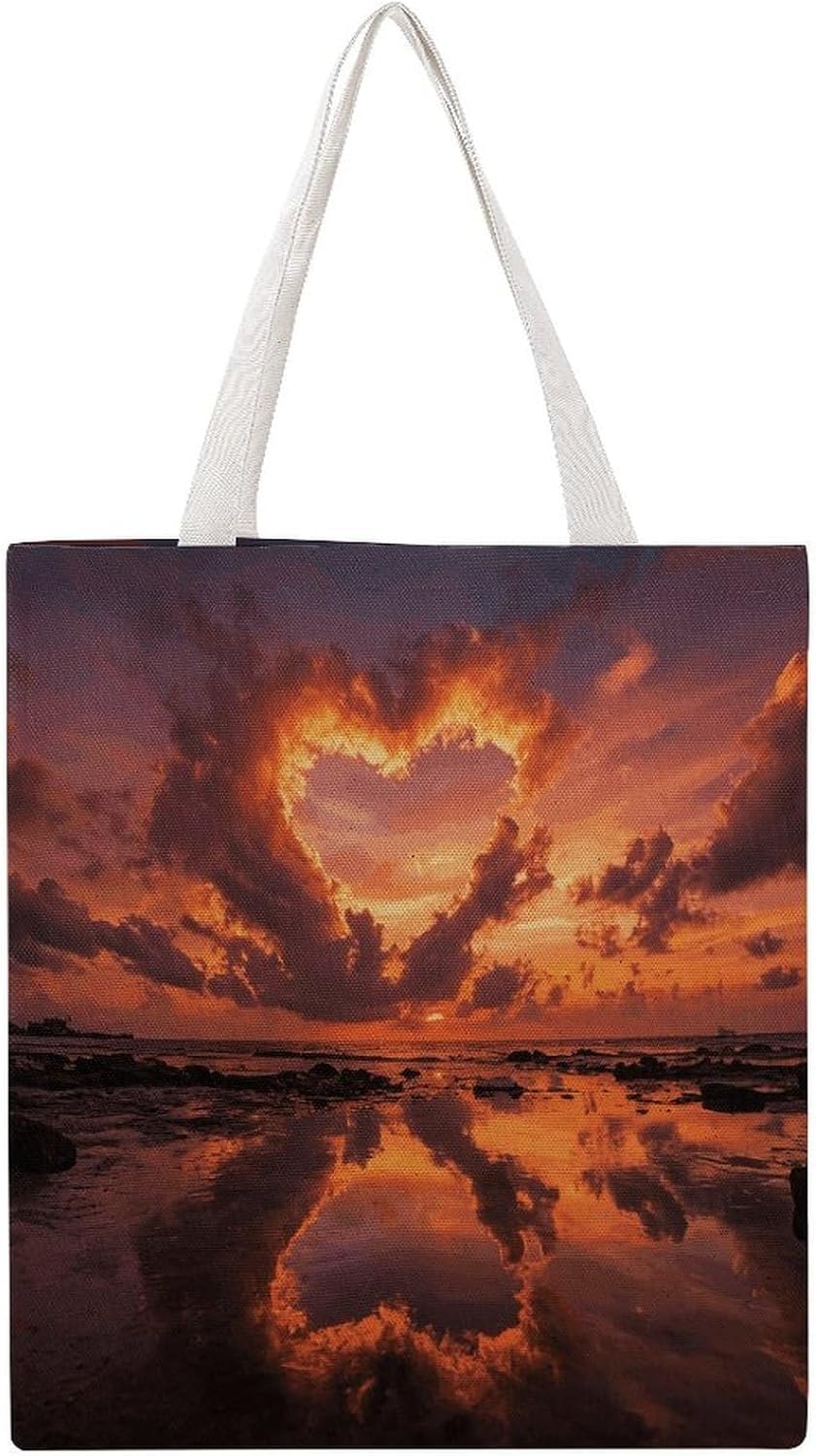 Heart-Shaped Clouds Canvas Tote Bag Reusable Grocery Bags Foldable Soft Cotton Shoulder Carry Bag