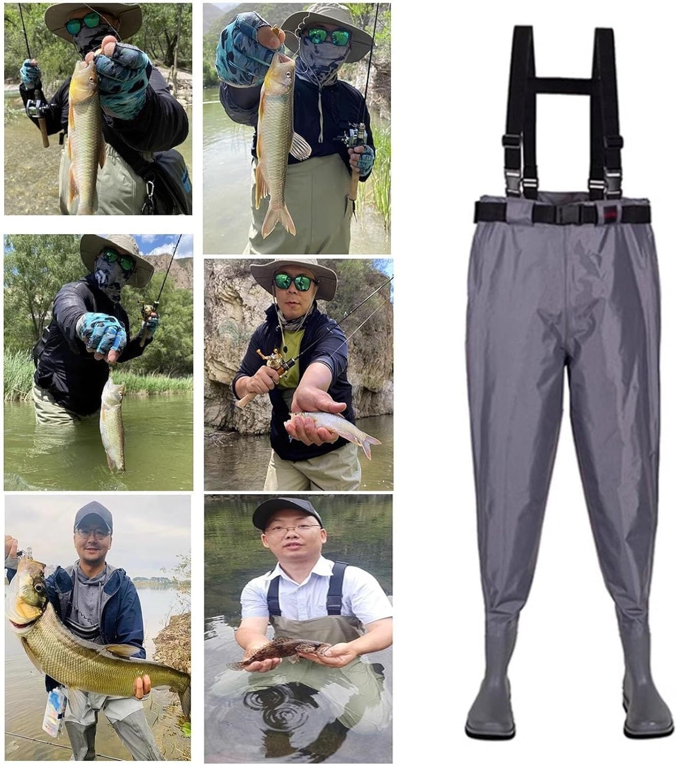 Wodery z regulowanymi szelkami i paskiem, wędkarskie buty do spodni z wypustkami na podeszwie(Gray,10)