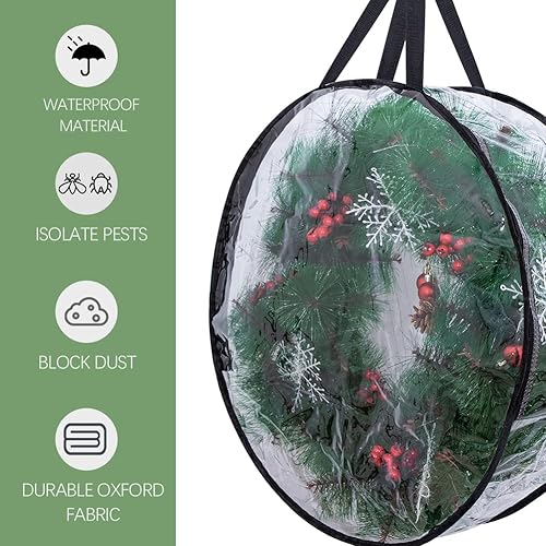 Miniatura 6 de Paquete de 2 contenedores de almacenamiento de corona de Navidad de 24 pulgadas, bolsas de almacenamiento transparentes con cremalleras dobles para