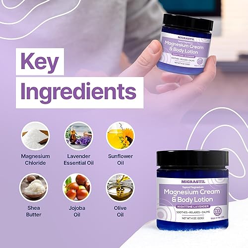 Miniatura 5 de MIGRASTIL Crema de magnesio y lavanda nocturna y loción corporal no grasa. Cloruro de magnesio extra fuerte de 250 mg para alivio muscular,