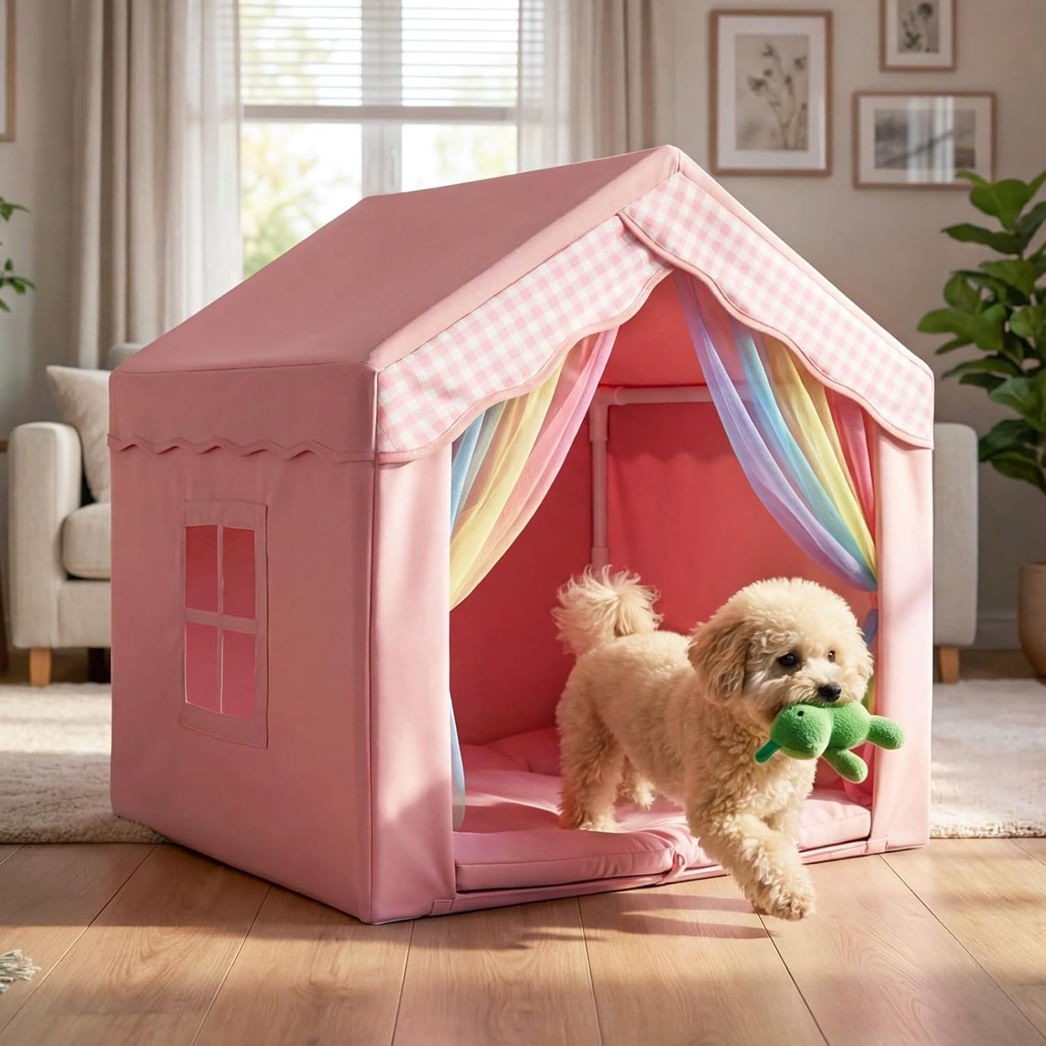 Cute Pink Princess 26" Dog House Tent Bed for Pets Dogs Cats, Cozy Confortable Puppy Cat Rabbit Kennel Bed Tent w/Washable Cushion, Holds Up to 50lbs Pets