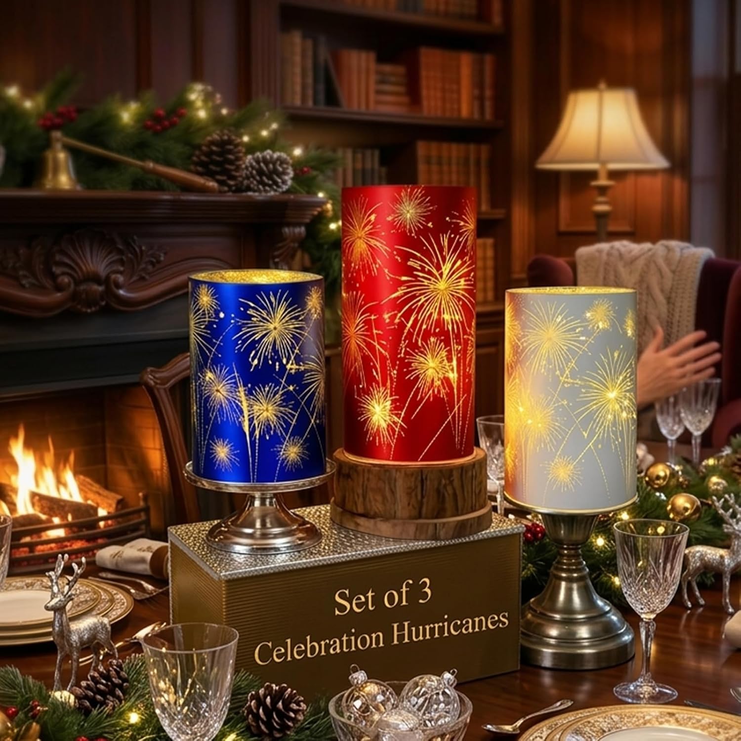 Set of 3 Celebration Hurricanes, Illuminated Hurricanes, Firework Lights, Celebration Firework Lanterns with Timer & LED Lights, Glass Hurricanes for July 4th, Party & Year-Round Home Decor (Mix)