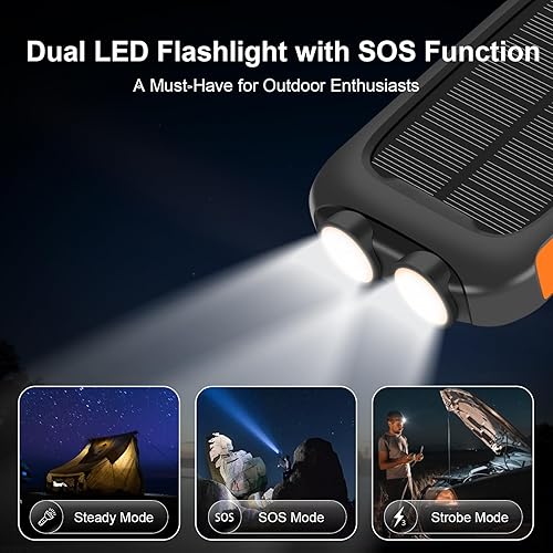 Miniatura 3 de Solar Charger Power Bank, 38800mAh Portable Phone Charger with 1 Type-C & 2 USB-A Ports Built-in Dual LED Flashlight, 15W Fast Charging Waterproof