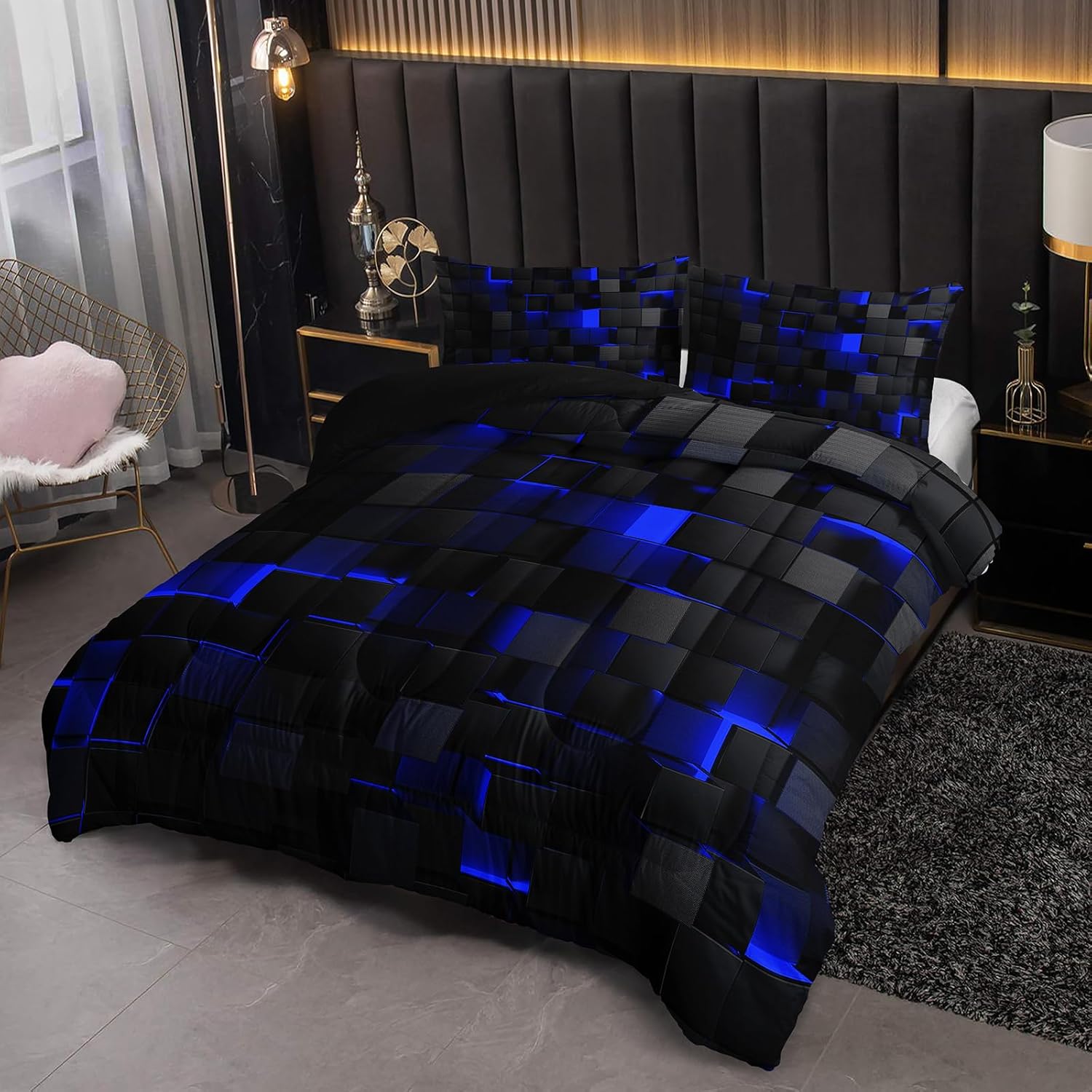 Neon Blue Black Comforter Set Queen Geometric Kids Bedding Set,3 PCS Geometry Honeycomb Bed Set Modern Quilt Set 1 Comforter 2 Pillow Cases Cool Room Decor All Season B-Side Black - Image 4