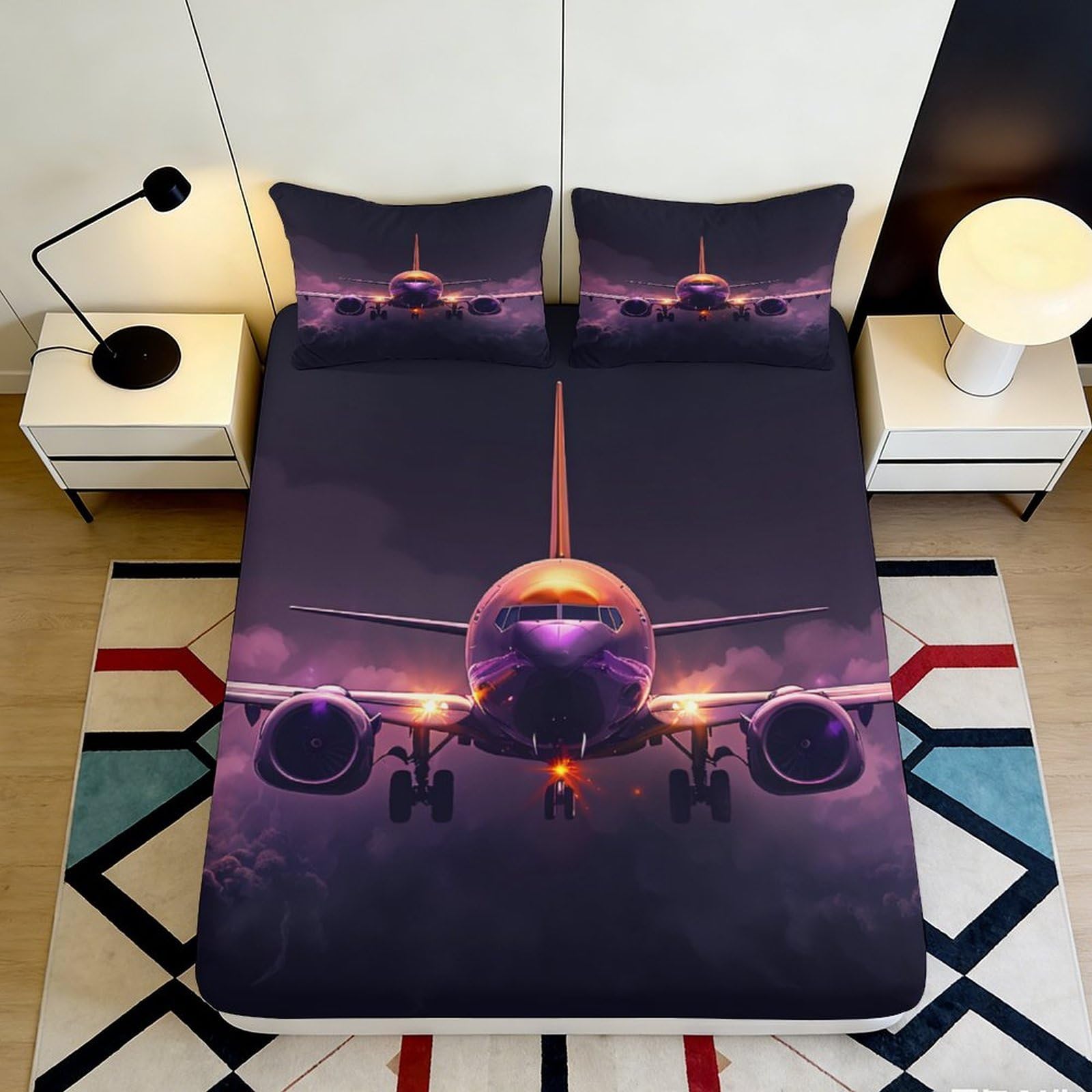 Pnayamiorkfel Style-2 3D Printed Sunset Airplane Fitted Sheet Microfiber Soft Breathable Night Flight Bed Cover For Bedroom Dorm Decor 90X200x25cm