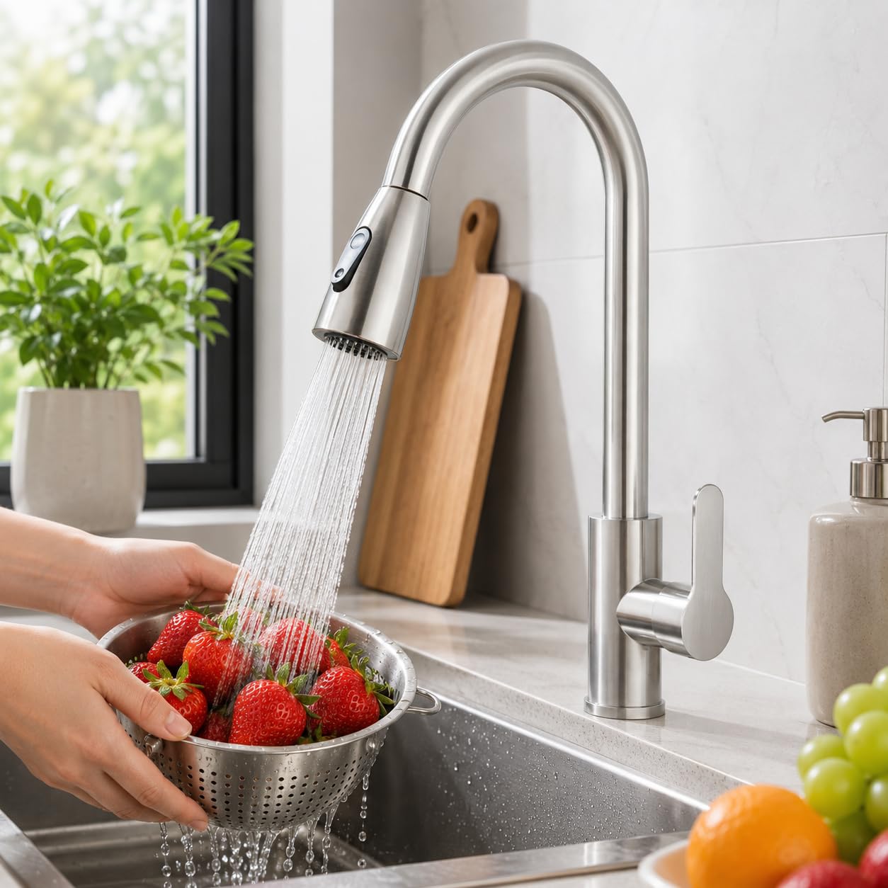TVTIUO Kitchen Tap, 360°Swivel Single Handle High Arc Kitchen Sink Faucet, Brushed Nickel,Mixer Taps with Pull Out Sprayer