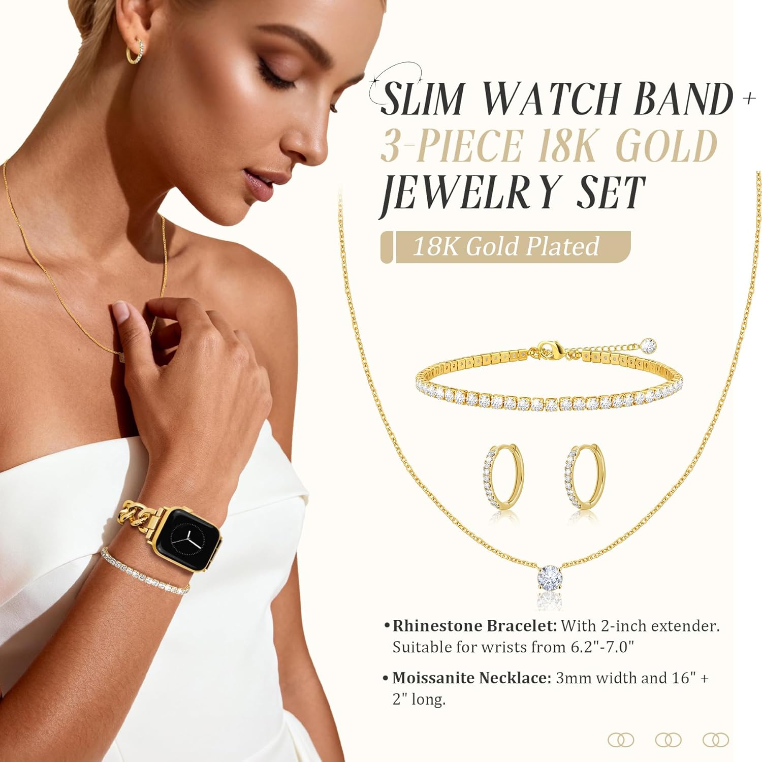 Gold Slim Band and 3Pcs Diamond Jewelry Set for Women Compatible with Apple Watch 38mm 40mm 41mm 42mm(S10/11) Adjustable Metal Dressy Bracelet for iWatch Series 11/10/9/8/7/6/5/4/SE/3/2/1 - Image 3