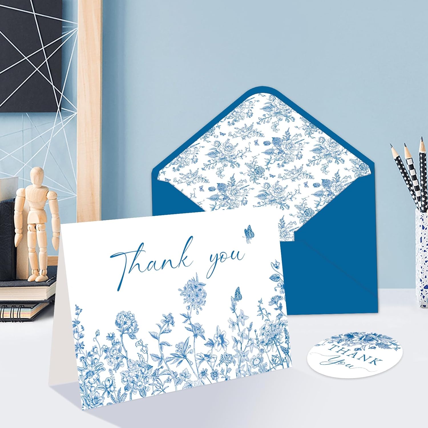 48 Pack Blue Floral Thank You Cards With Envelopes and Stickers, Blue Porcelain Flowers Thank You Cards, for Bridal Appreciation Banquet, Baby Shower, Graduation Ceremony, Birthday Greeting Letter - Image 4