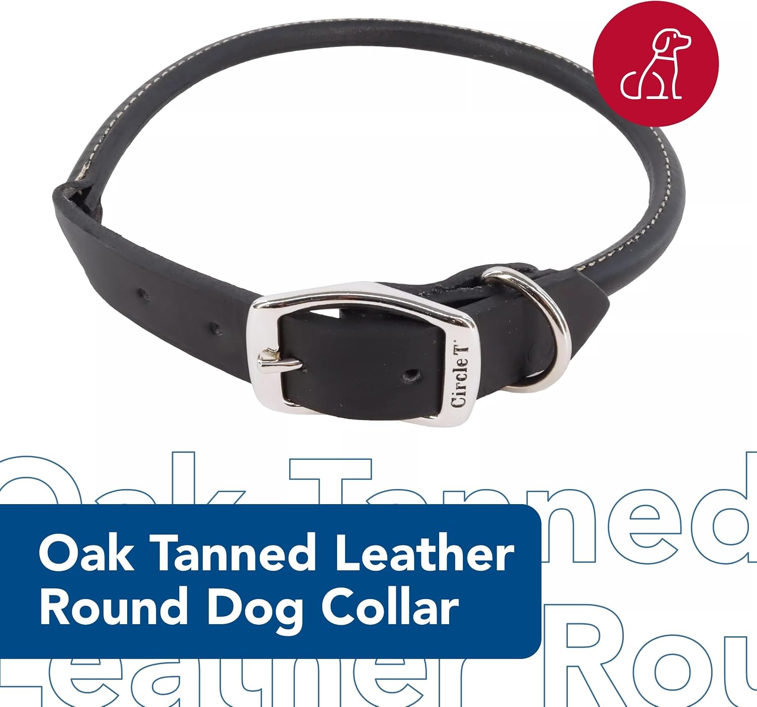 Coastal Pet - Circle T Oak Tanned Leather Round Dog Collar - Comfortable for Dogs with Long Hair or Sensitive Skin - Pet Collar Made from Full-Grain Leather - Black, 1" x 18"