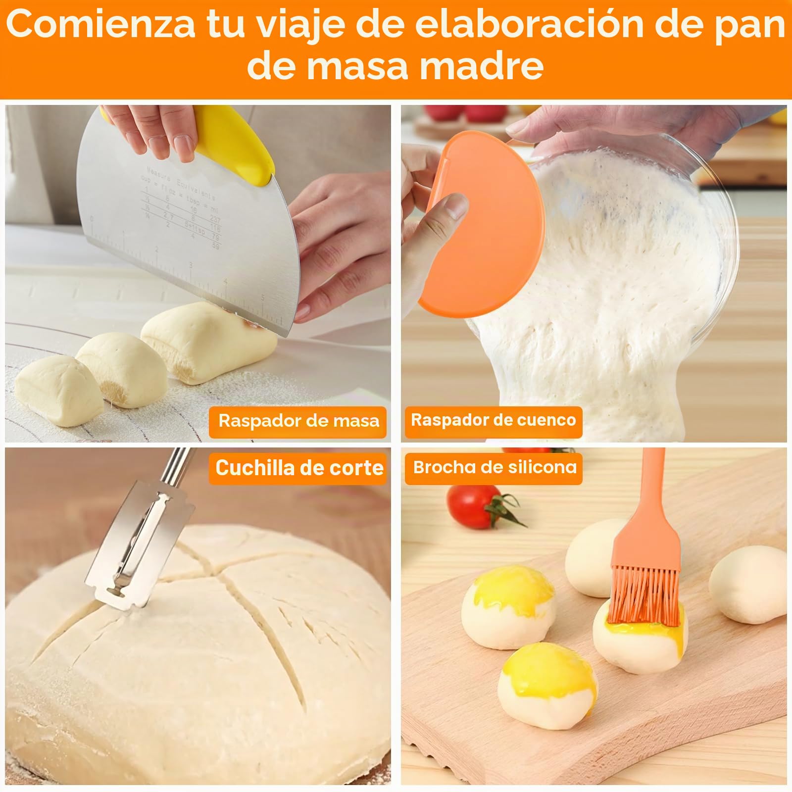 Kit Completo para Masa Madre,Cesta de Pan De Levadura De 2 Pcs Con Forro,Eslinga De Pan De Silicona,Tarro De Levadura,Amasadora,Cepillo De Silicona,Rascador de Cuenco,Juego Rascadores de Masa(A)