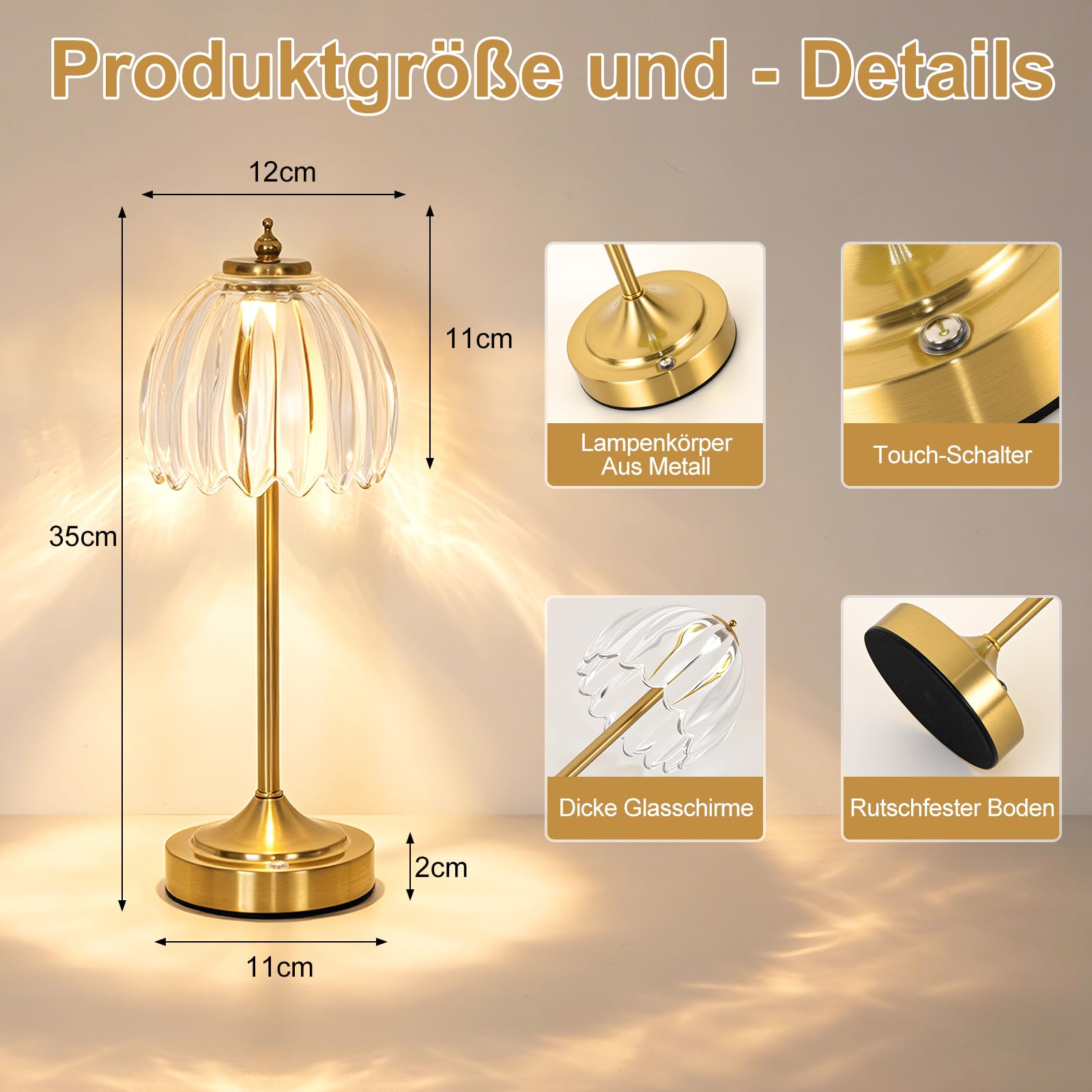 LED Vintage-Nachttischlampe Dimmbar, 3CCT, Kabellos Tischleuchte mit Retro-tulpenförmigen Glasschirm Akku Atmosphäre USB Aufladbar, Touch-Steuerung, kleine Nachtlicht für Schlafzimmer Wohnzimme