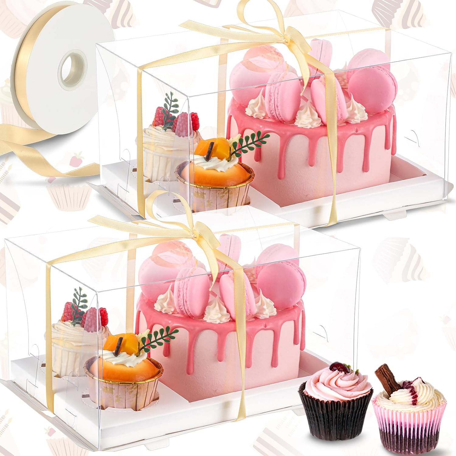Sayglossy 6 Pack 1+2 Bento Cake Boxes Bento Cakes and Cupcakes Combo Clear Box Fit 2 Cupcakes and 1 Mini Cake for Mothers Day Wedding Birthday Party Treats Donuts Muffins Bakery Supplies (White)