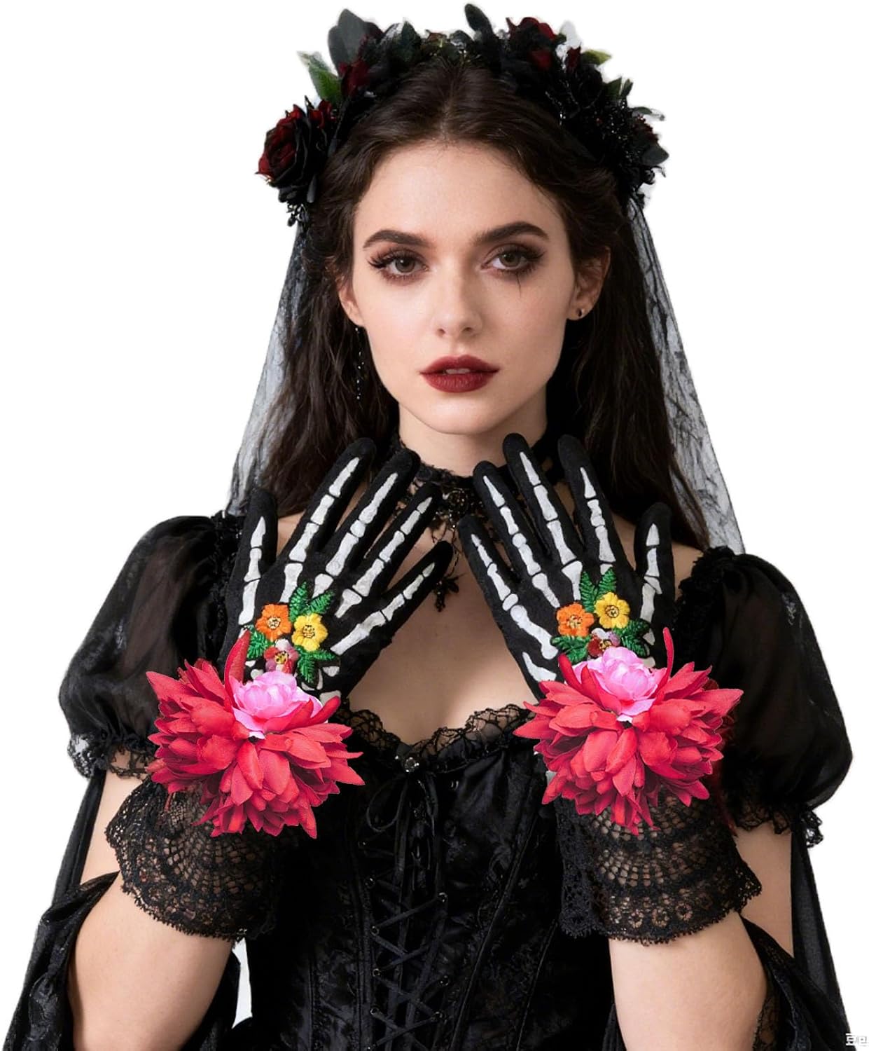 YHDDYG ‌Halloween Skeleton flower Gloves for Women - Black Lace Gloves Fit for Unisex Skull Victorian Gothic Accessory S69