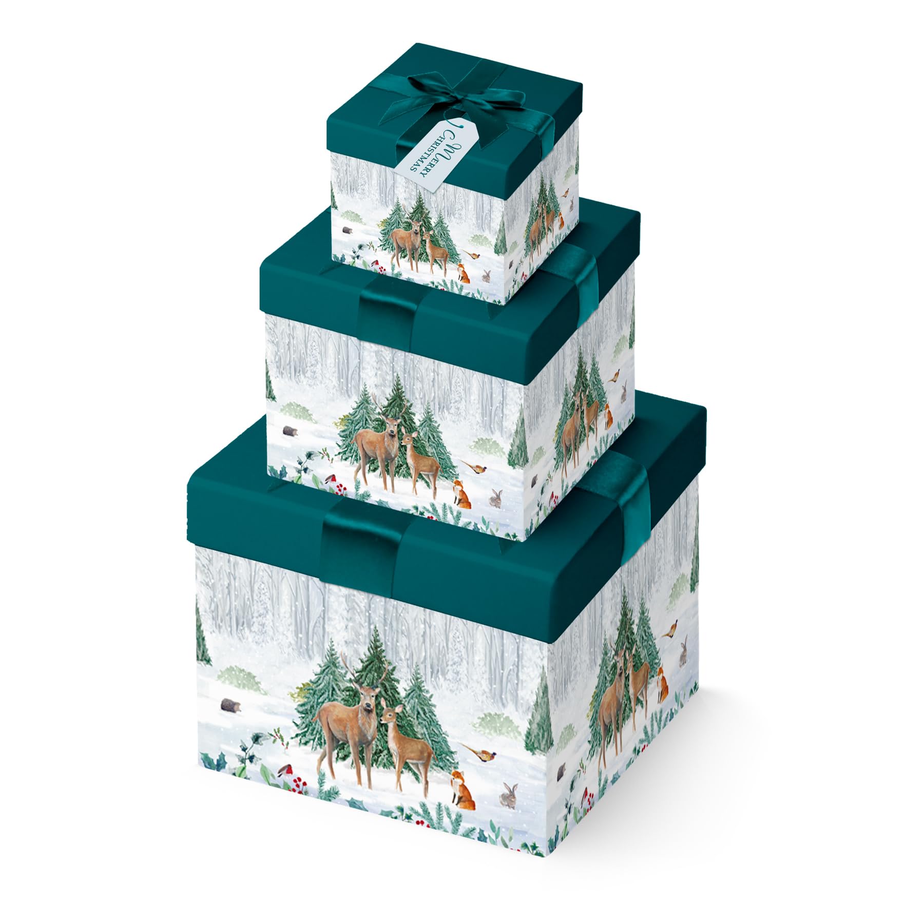 Widdle Gifts Multi Christmas 3 Pack Gift Boxes With Lift Off Lids With Ribbon Sizes 12Cm - 14Cm - 16Cm - Woodland Reindeers Design 4773