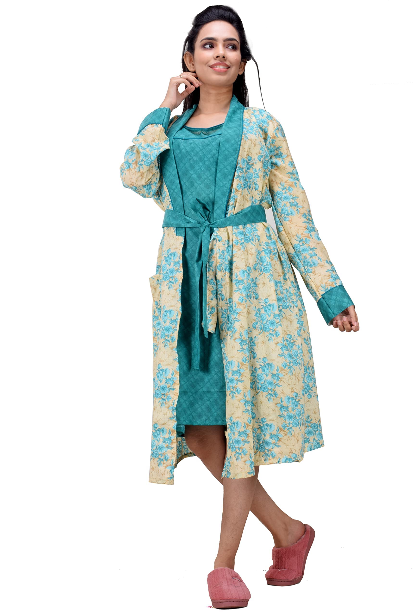 CLYMAA Women Exclusive Pure Cotton Two pcs Night Gown Set Sleeveless Inner with Full Sleeves Robe/Housecoat