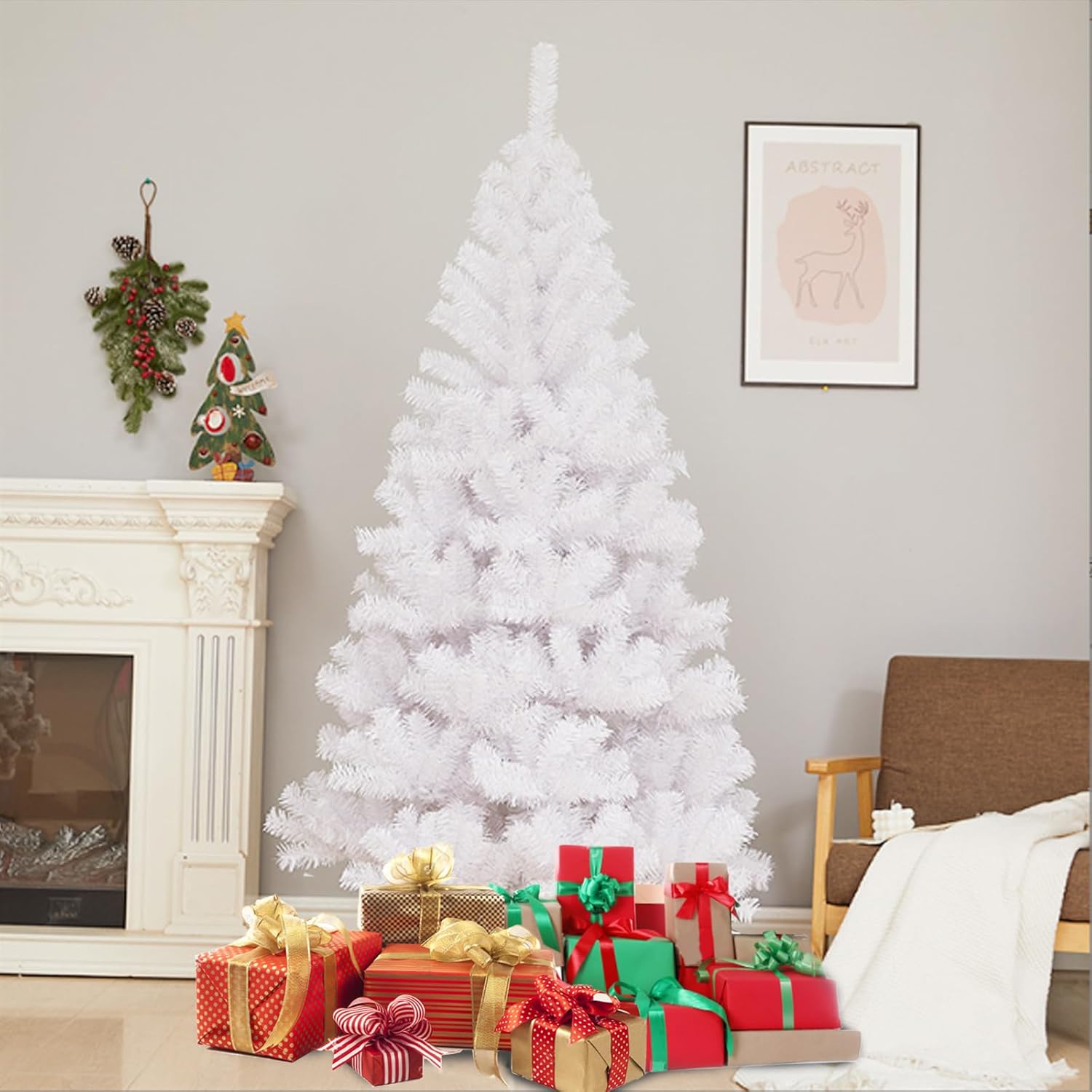 PLKO 5FT Artificial Holiday Christmas Tree，Artificial Christmas Tree Xmas Pine Tree with Stand and Soft White Branch for Holiday Indoor Outdoor,450Tips(White)