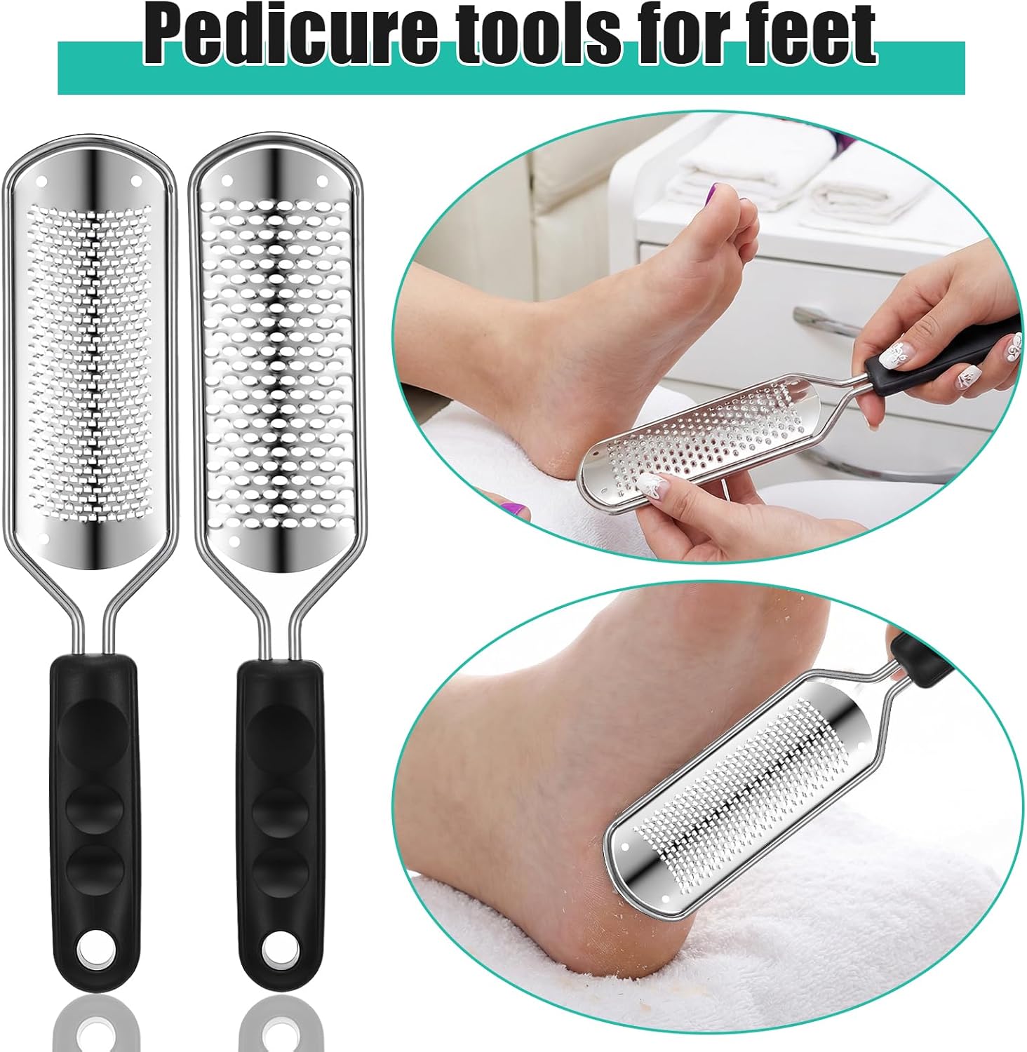 Professional Foot Rasp Callus Remover Set - 2 Stainless Steel Pedicure Files with 12 Replacement Blades (Coarse & Fine Grit) for Dead Skin Removal, Home Salon Foot Care
