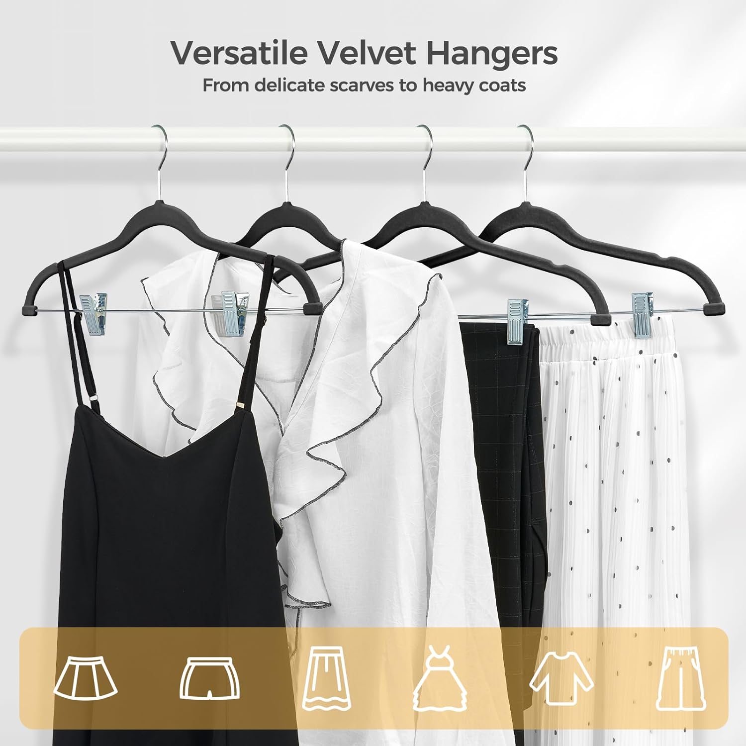 HOUSE DAY Velvet Hangers with Adjustable Clips 20 Pack, Non-Slip Suit Organizer with 360° Hook - Heavy Duty Hanger for Pants, Skirts, Blouses, Dresses - Outfit Hangers All-Season Space Saver (Black) - Image 3