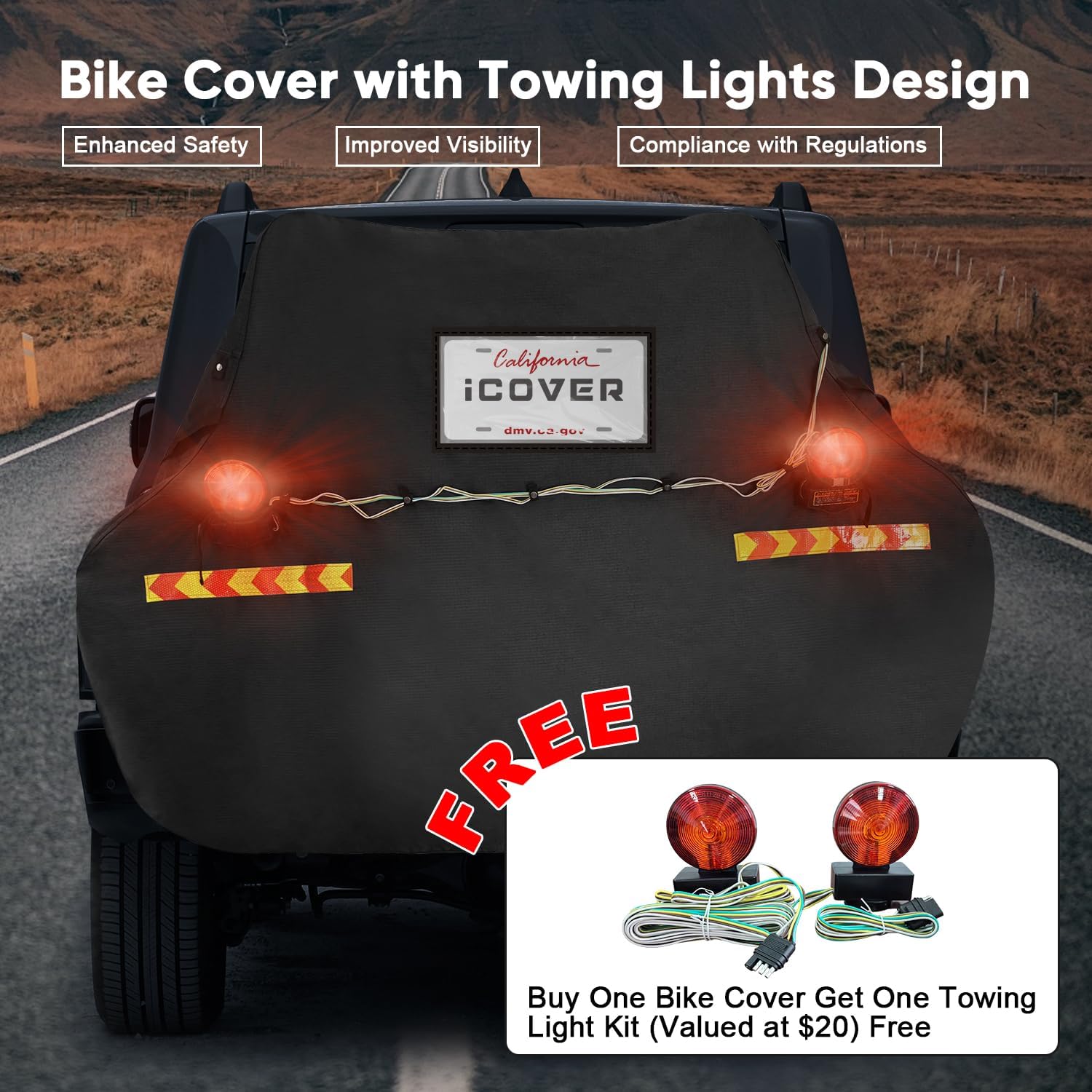 iCOVER Bike Cover for Transport 2 Bike, 600D Heavy Duty Waterproof Bike Covers for Bikes on Car Rear, Outdoor Storage Bicycle Cover for Transport On Rack, with Magnetic Towing Light & Cargo Net